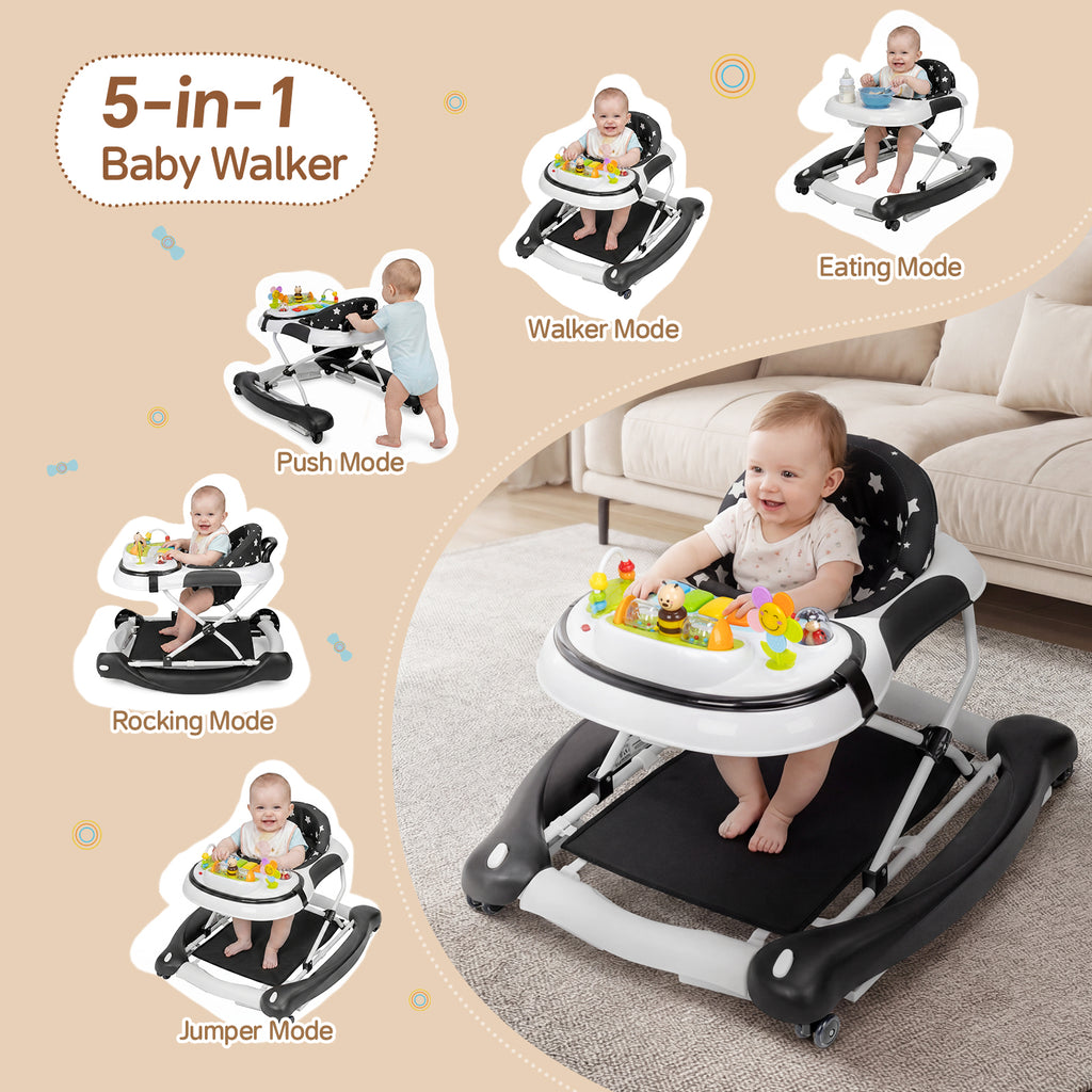 PRVAETU 5 in 1 Baby Walker,Jumper,Rocking,Push,Eating Mode for Boys Girls,Foldable,Music & Light,Height Adjustable,Wheel for Infant