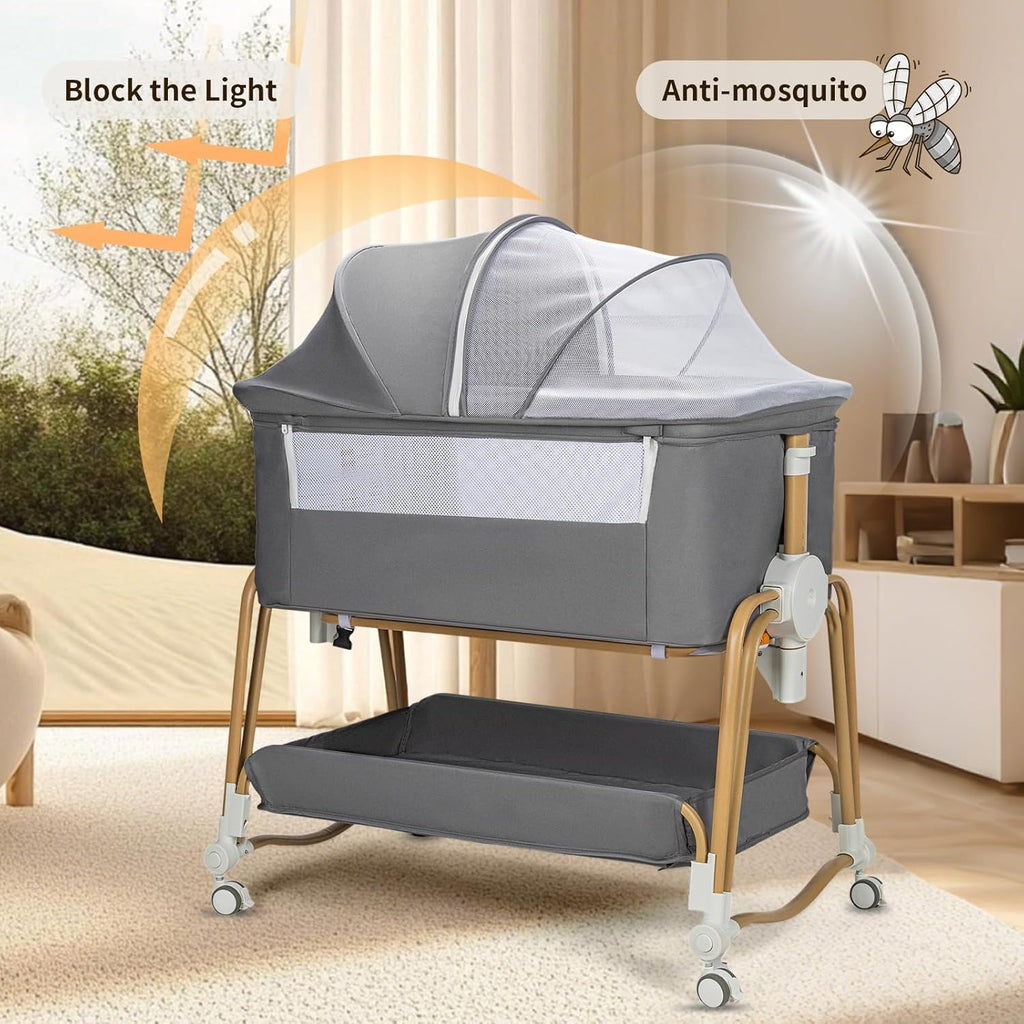 PRVAETU 4-in-1 Baby Bassinet & Bedside Sleeper for Babies, 7-Level Height Adjustable, Wheels with Storage Basket, Breathable Mesh,White