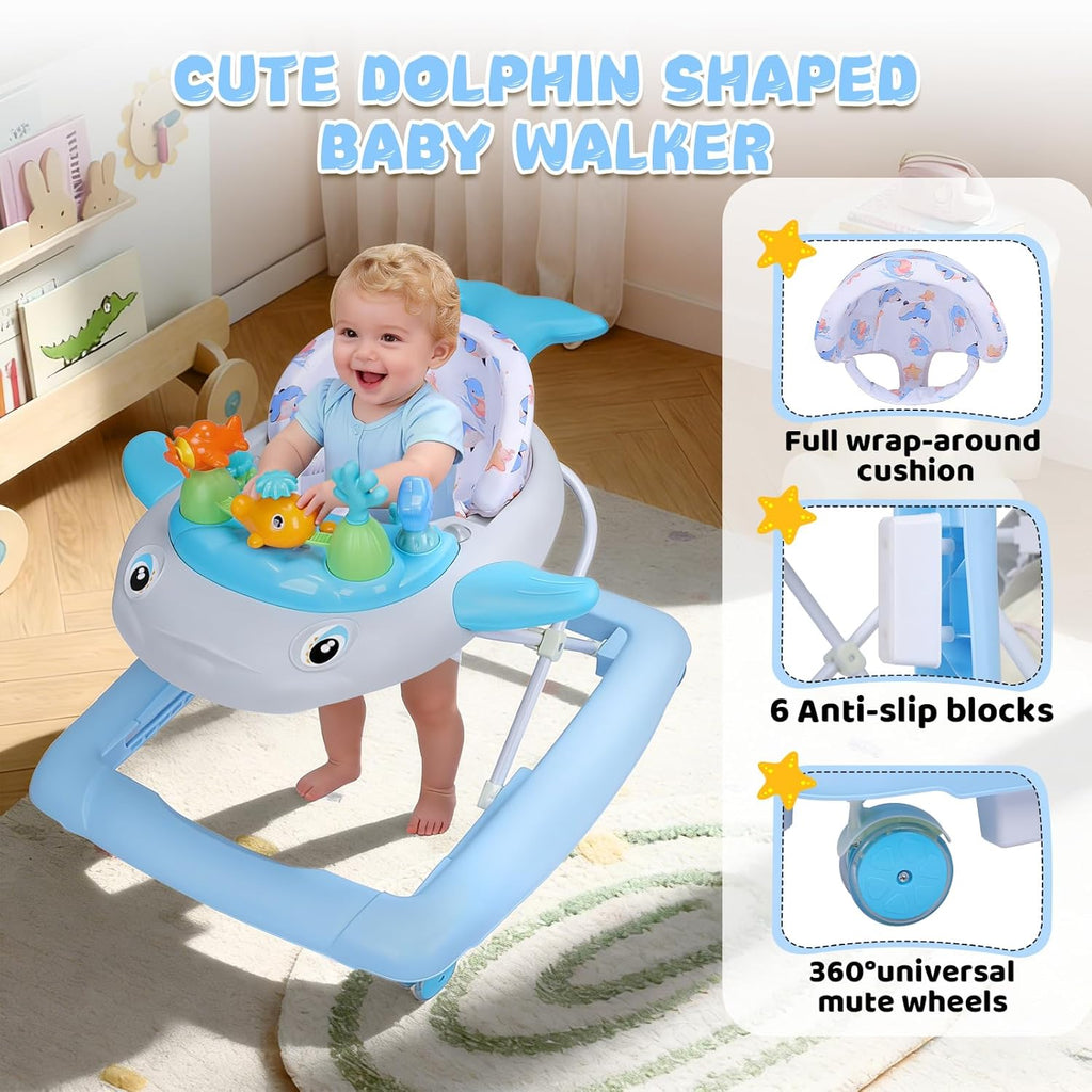 PRVAETU Baby Walker & Activity Center W/ Music & Lights,3 Adjustable Height, Anti-Rollover & Foldable Design for Infant Boy and Girl 6-18 Months