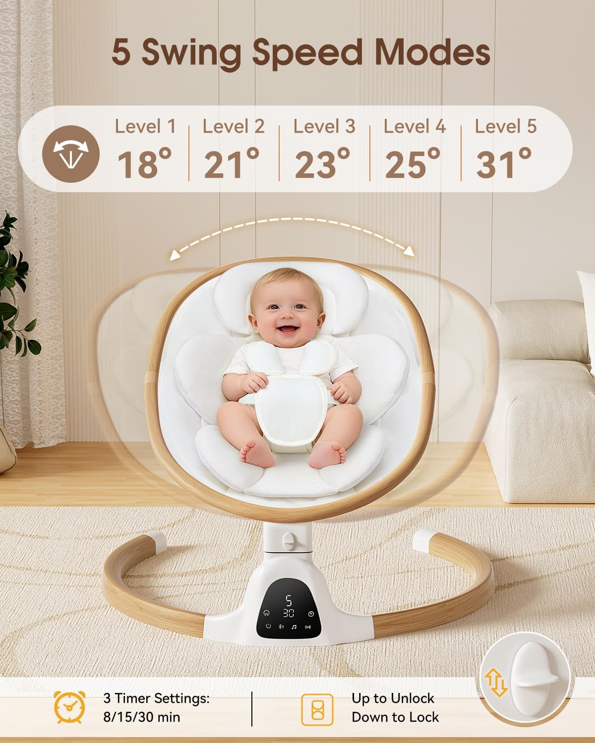 PRVAETU Baby Swing for Infants,5 Speeds,10 Lullabies,5-Point Harness,Electric Rocking Chair for Toddlers with Bluetooth,Remote Control,Touch Panel