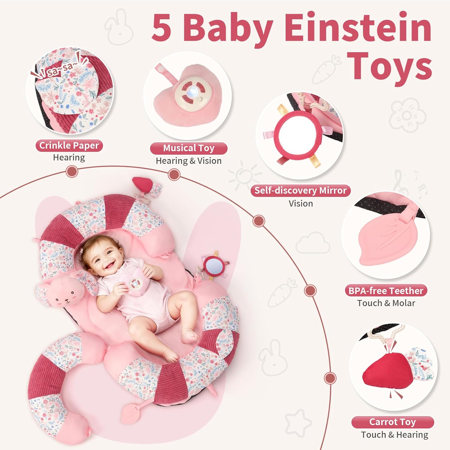 PRVAETU 2in1 Tummy Time & Seat Support Baby Play Mat with 5 Sensory Toys, Baby Floor Seat for Sitting, Soft, Supportive, Essentials Development Gifts for Newborn Infant