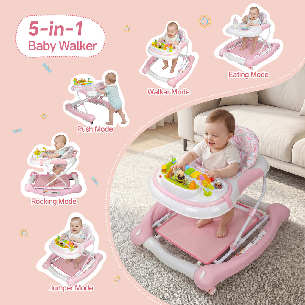 PRVAETU 5 in 1 Baby Walker,Jumper,Rocking,Push,Eating Mode for Boys Girls,Foldable,Music & Light,Height Adjustable,Wheel for Infant
