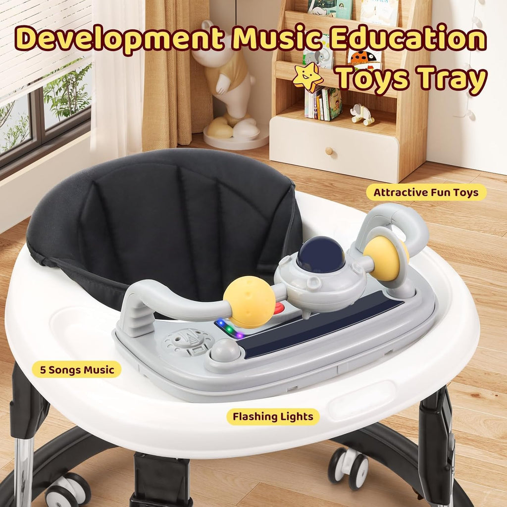 PRVAETU Foldable Baby Walker Activity Center W/ Wheels,Height Adjustable,Music Toy & Foot Pad for 6-18 Months Babies Infant Boys Girls
