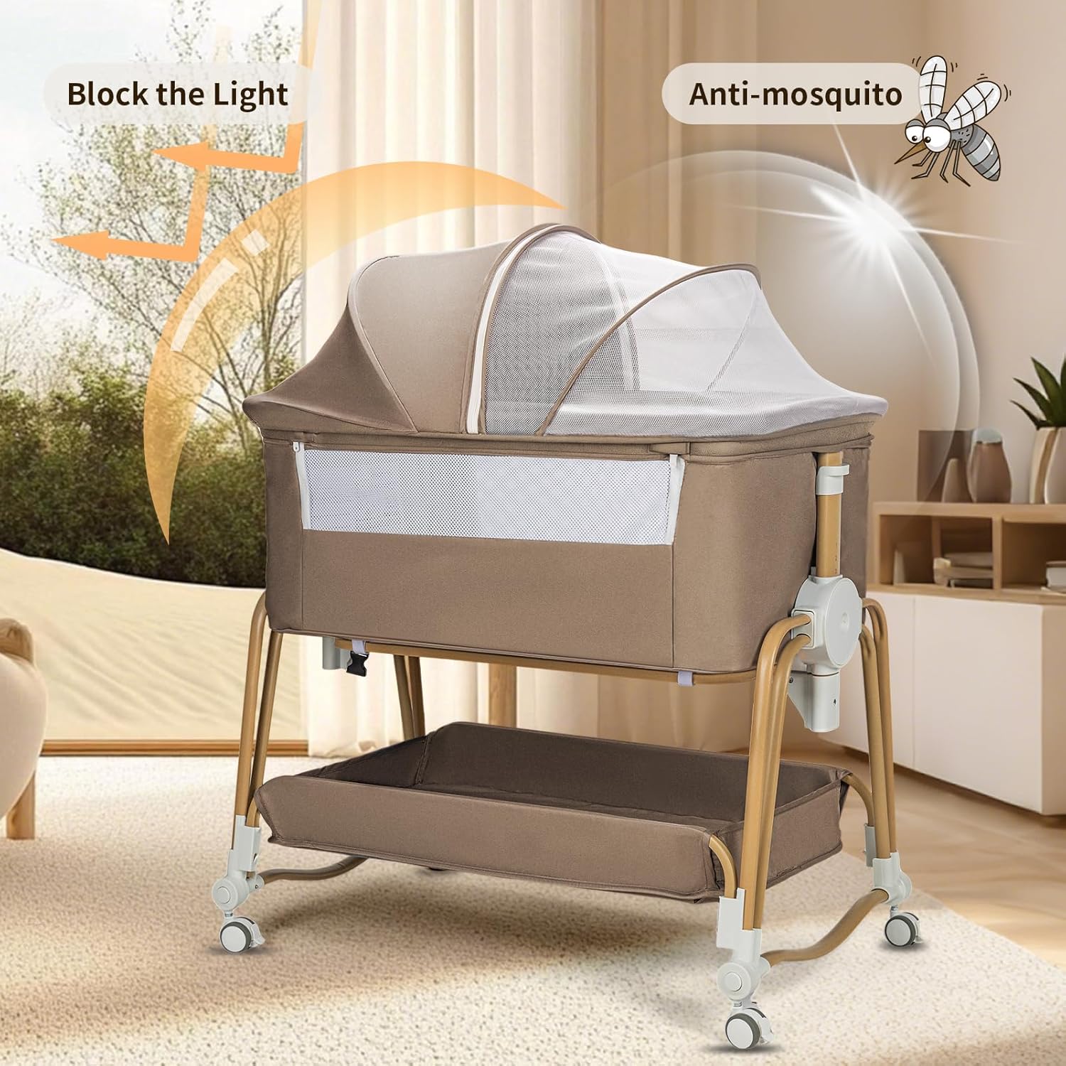 PRVAETU 4-in-1 Baby Bassinet & Bedside Sleeper for Babies, 7-Level Height Adjustable, Wheels with Storage Basket, Breathable Mesh,White