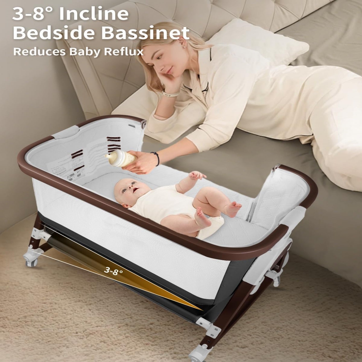 PRVAETU 4 in 1 Baby Bassinet Bedside Sleeper W/ Wheels,Storage Basket,Adjustable 7 Heights,Mosquito Net,Breathable Mesh Cradle for Infants Toddler