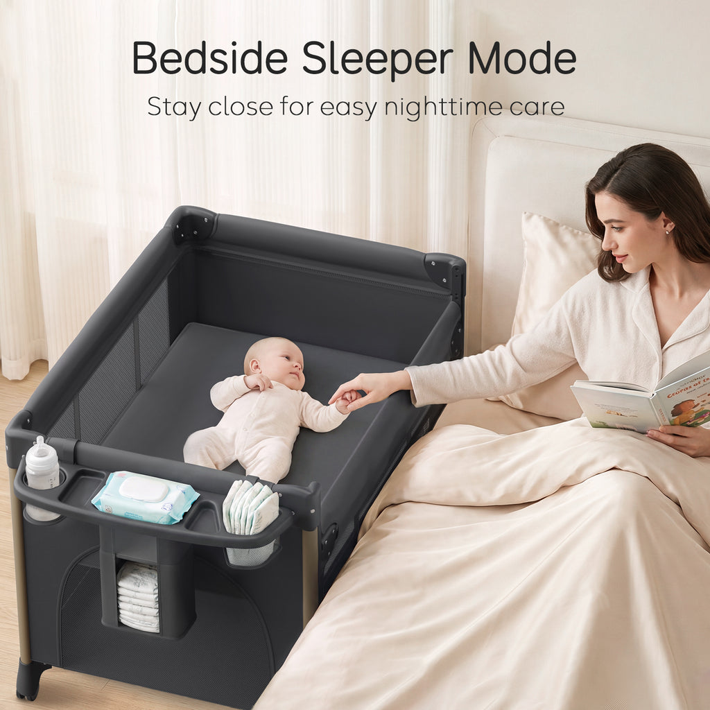 PRVAETU 4 in 1 Baby Playard with Changing Table & Mattress & 4 Movable Wheels & Toy Bar & Storage Bag, Bedside Bassinet Sleeper for Newborn