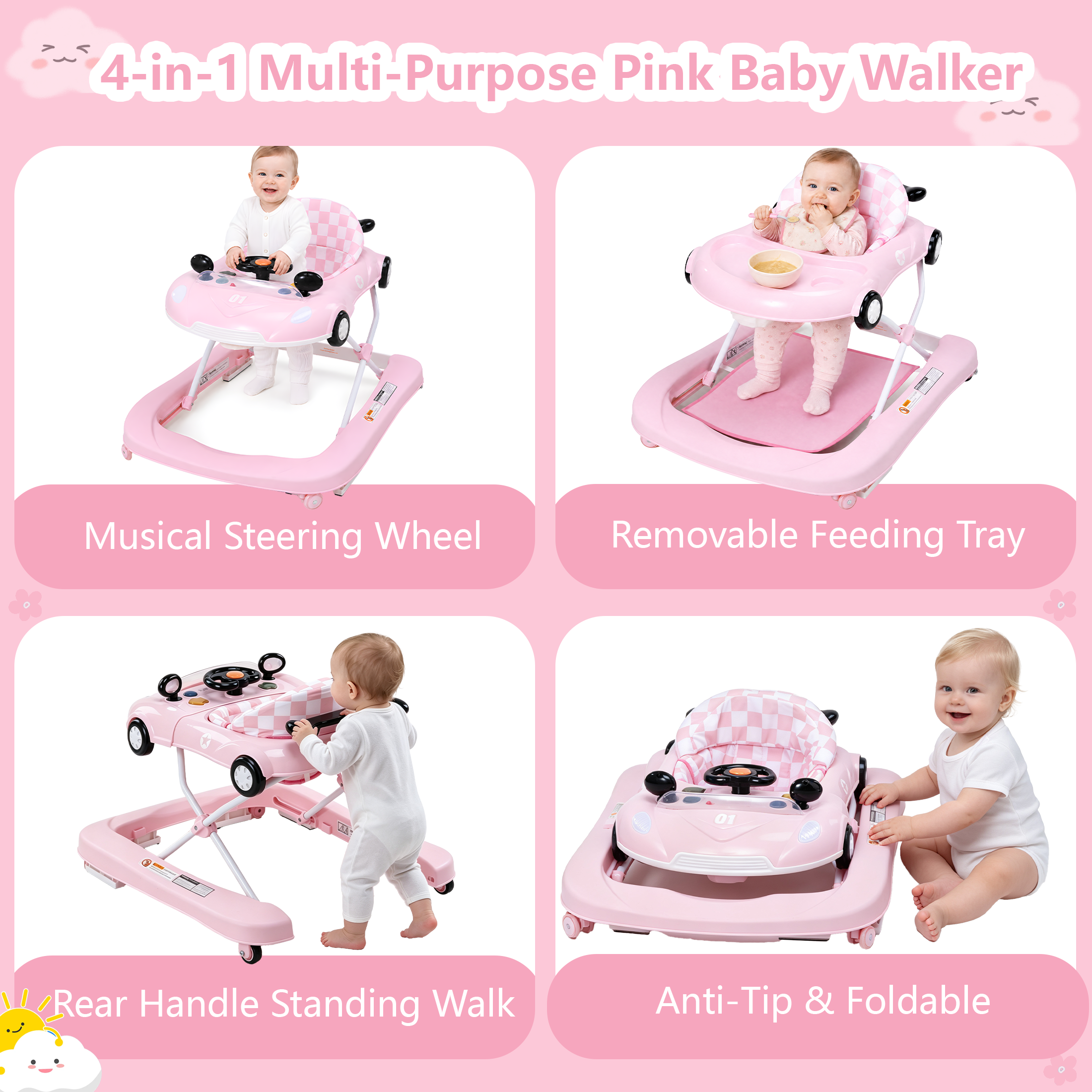 PRVAETU 5 in 1 Baby Walker Car-Shaped with Music,Lights,Foldable,Jumper,Rocking,Removable Plate for Infant Boys 6-18 Months