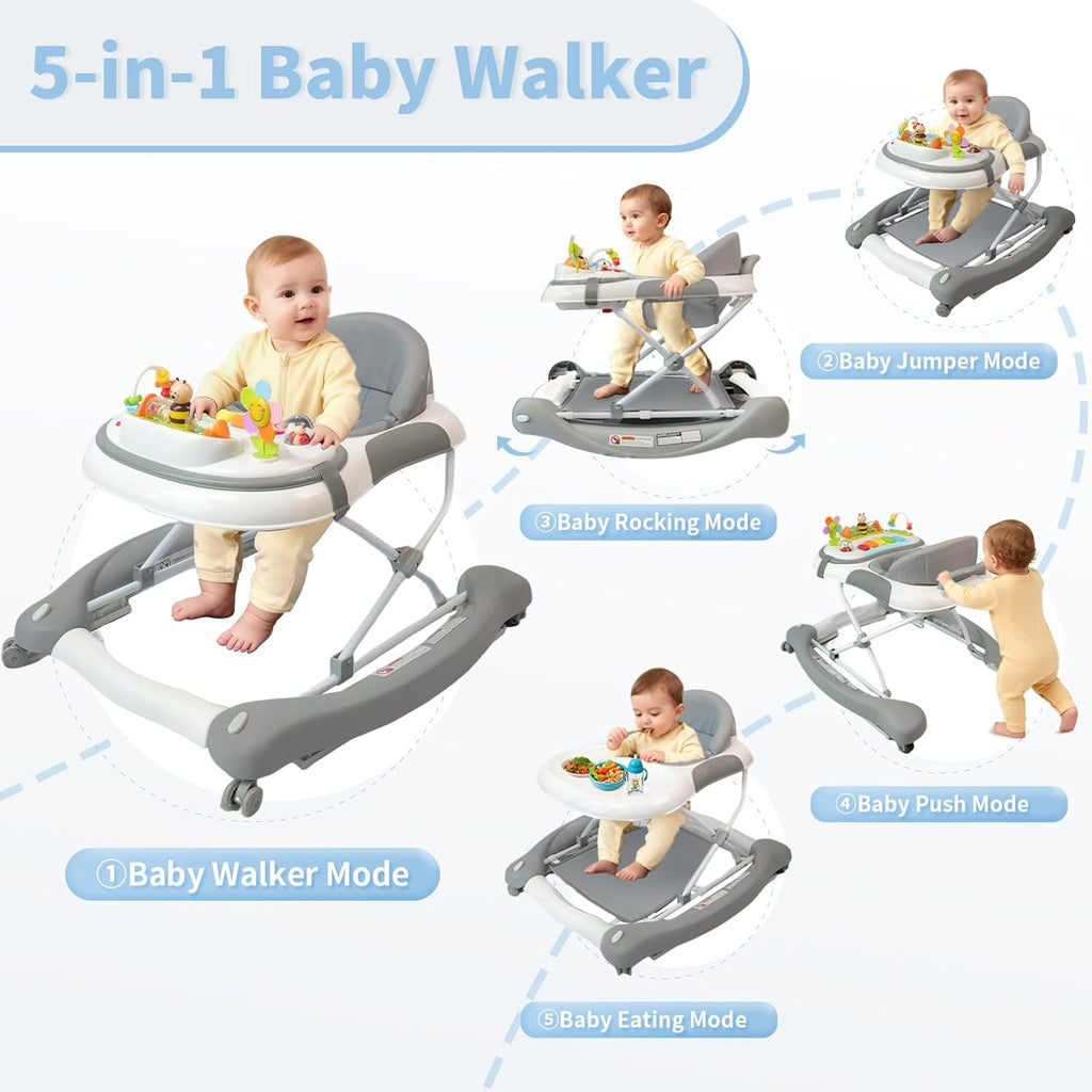 PRVAETU 5 in 1 Baby Walker (Walk,Jumper,Rocking,Push,Eating Mode) for Boys Girls,Foldable,Music & Light,Height Adjustable,Wheels for Infant Babies