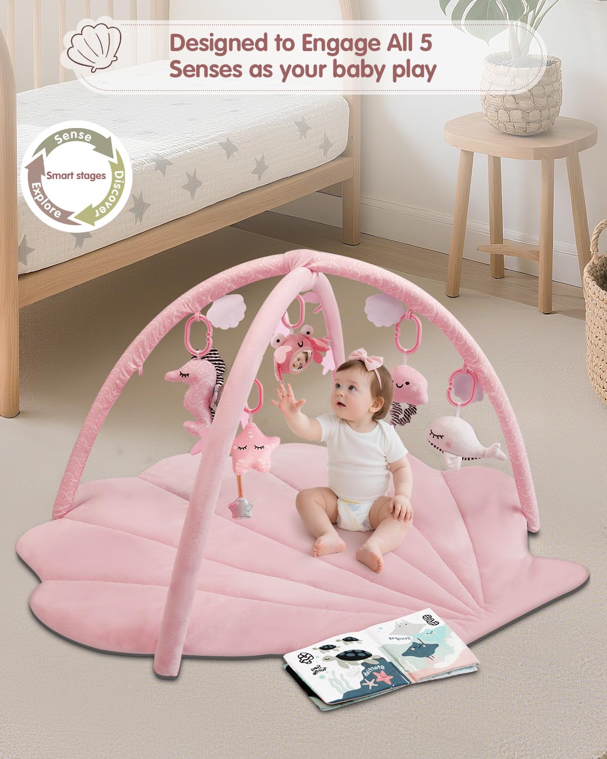 PRVAETU Baby Play Gym Mat, Oversize Tummy Time Activity Mat with 6 Detachable Toys for Infant 0-12 Months Sensory Exploration Skill Development