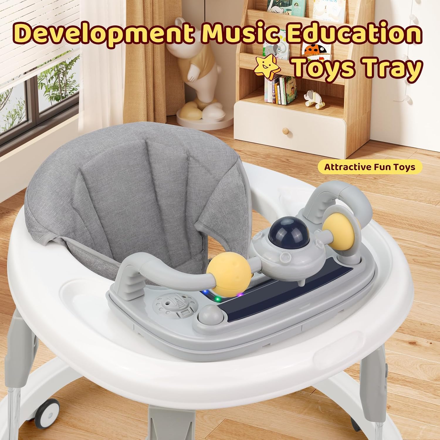 PRVAETU Foldable Baby Walker Activity Center W/ Wheels,Height Adjustable,Music Toy & Foot Pad for 6-18 Months Babies Infant Boys Girls