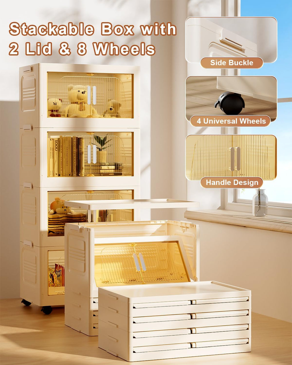 PRVAETU Stackable Storage Bins with Lids, Storage Containers W/ Wheels,Collapsible Plastic Closet Organizers for Home, Office,Dorm