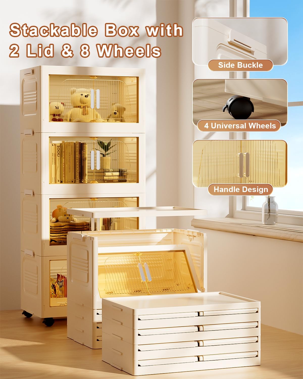 PRVAETU Stackable Storage Bins with Lids, Storage Containers W/ Wheels,Collapsible Plastic Closet Organizers for Home, Office,Dorm