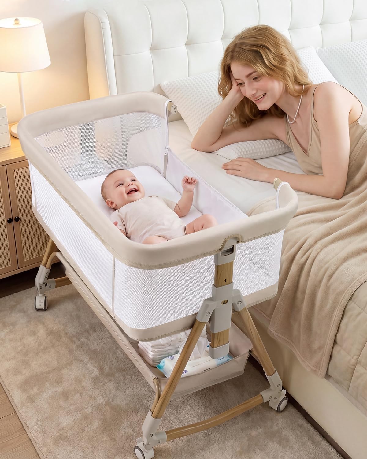 PRVAETU Baby Bassinet, 3-in-1 Baby Bassinet Bedside Sleeper with Wheels, Adjustable Easy Folding Portable Rocking Crib for Infant Newborn (Khaki)