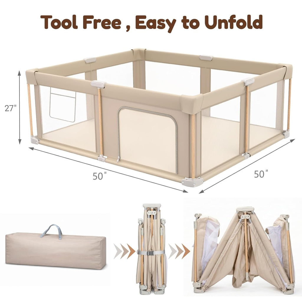 PRVAETU Foldable Baby Playpen with Mat, Play Yard Fence for Babies Boys Girls Toddlers, Large Playard W/ 300D Fabric for Infant and Kids