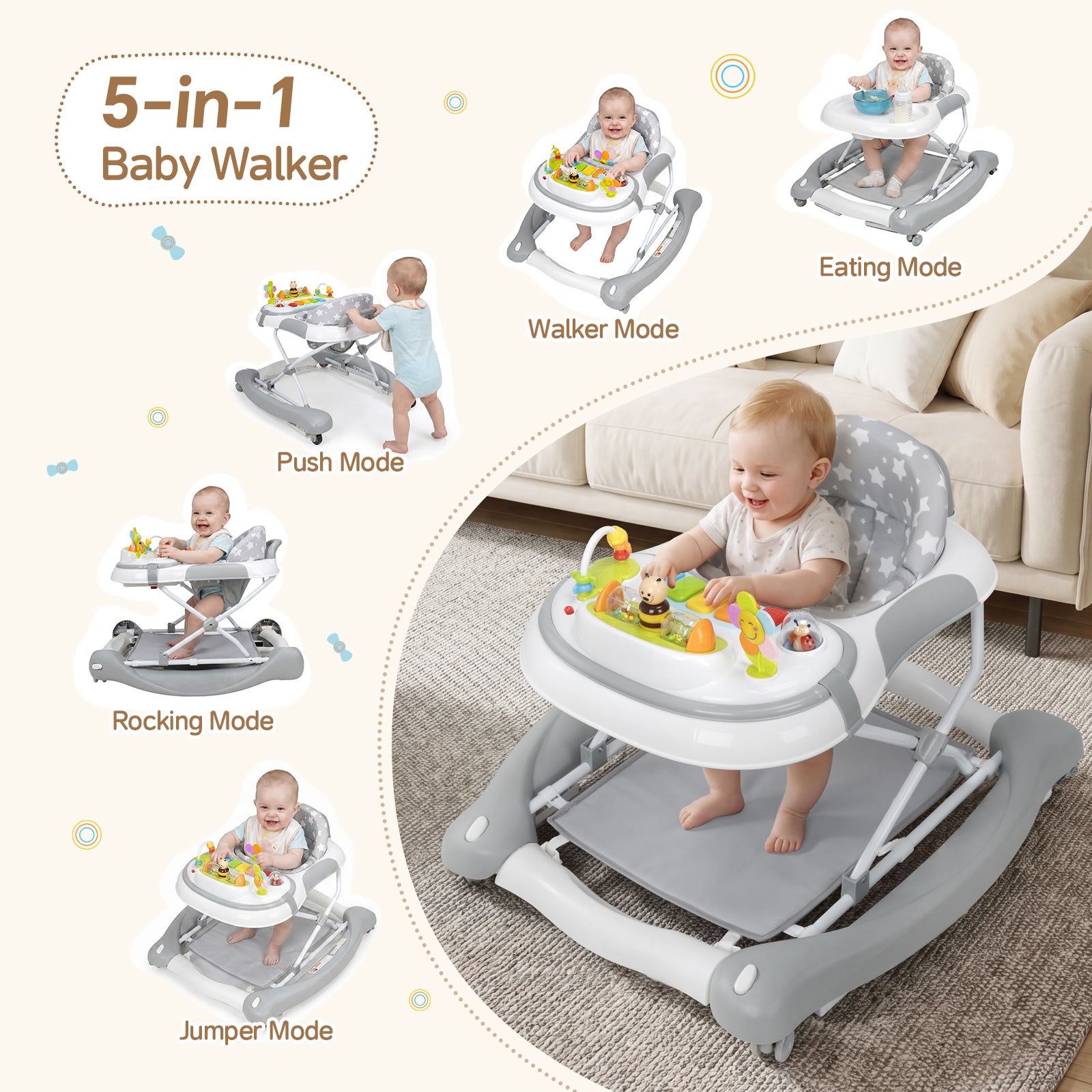 PRVAETU 5 in 1 Baby Walker,Jumper,Rocking,Push,Eating Mode for Boys Girls,Foldable,Music & Light,Height Adjustable,Wheel for Infant