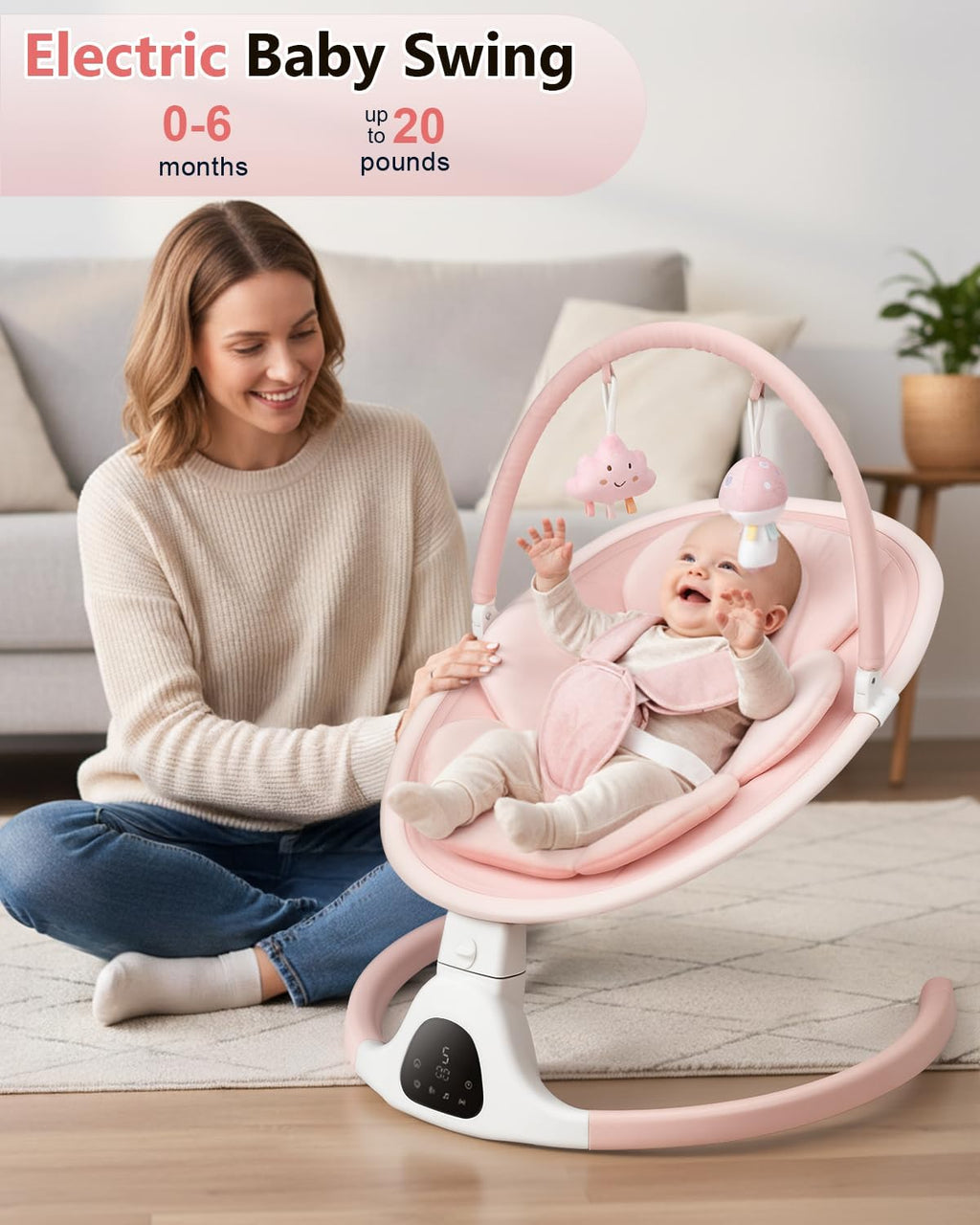 PRVAETU Baby Swing for Infants,5 Speeds,10 Lullabies,5-Point Harness,Electric Rocking Chair for Toddlers with Bluetooth,Remote Control,Touch Panel