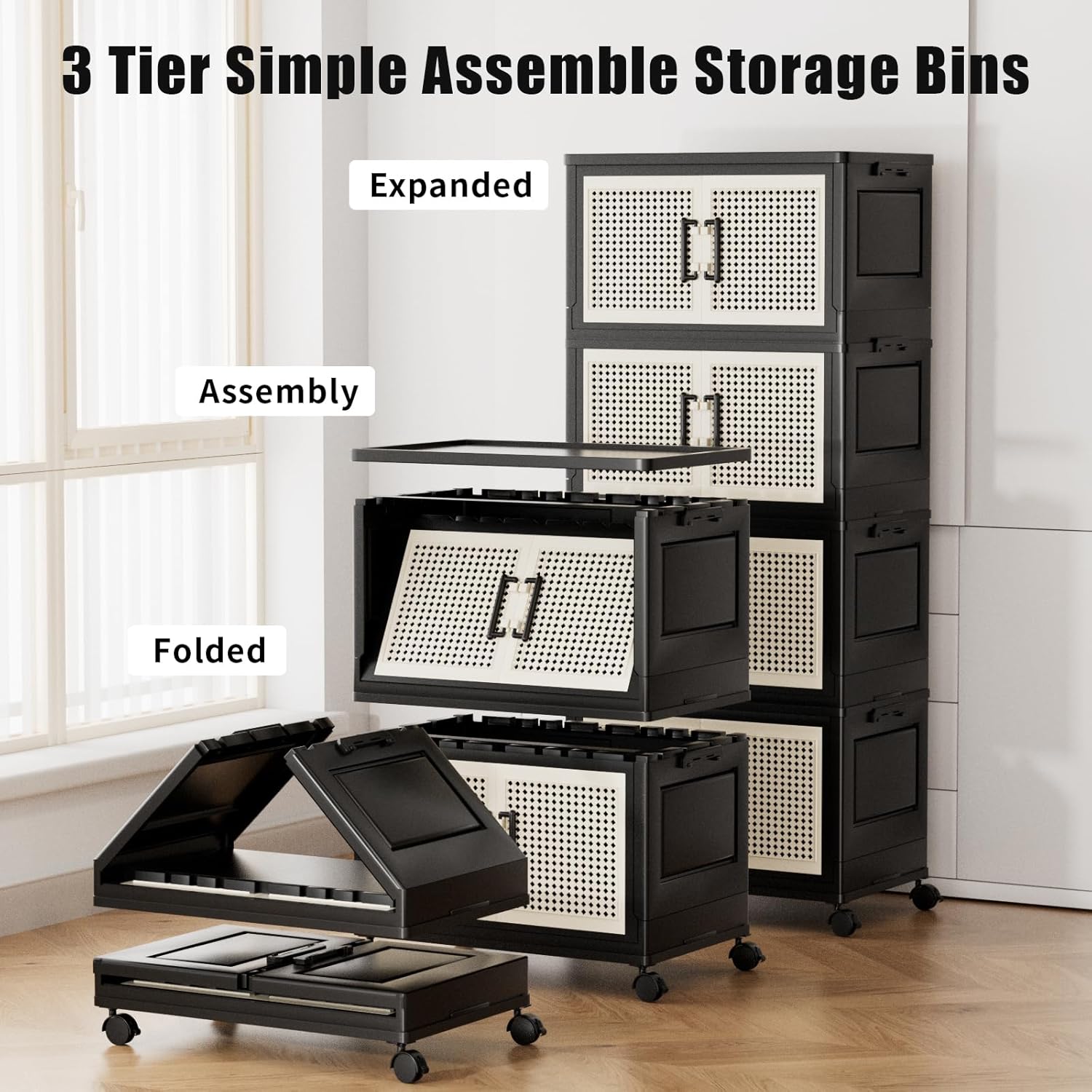 PRVAETU Stackable Storage Bins with Lids Storage Containers W/ Wheels,Collapsible Plastic Closet Organizers for Home,Office,Dorm