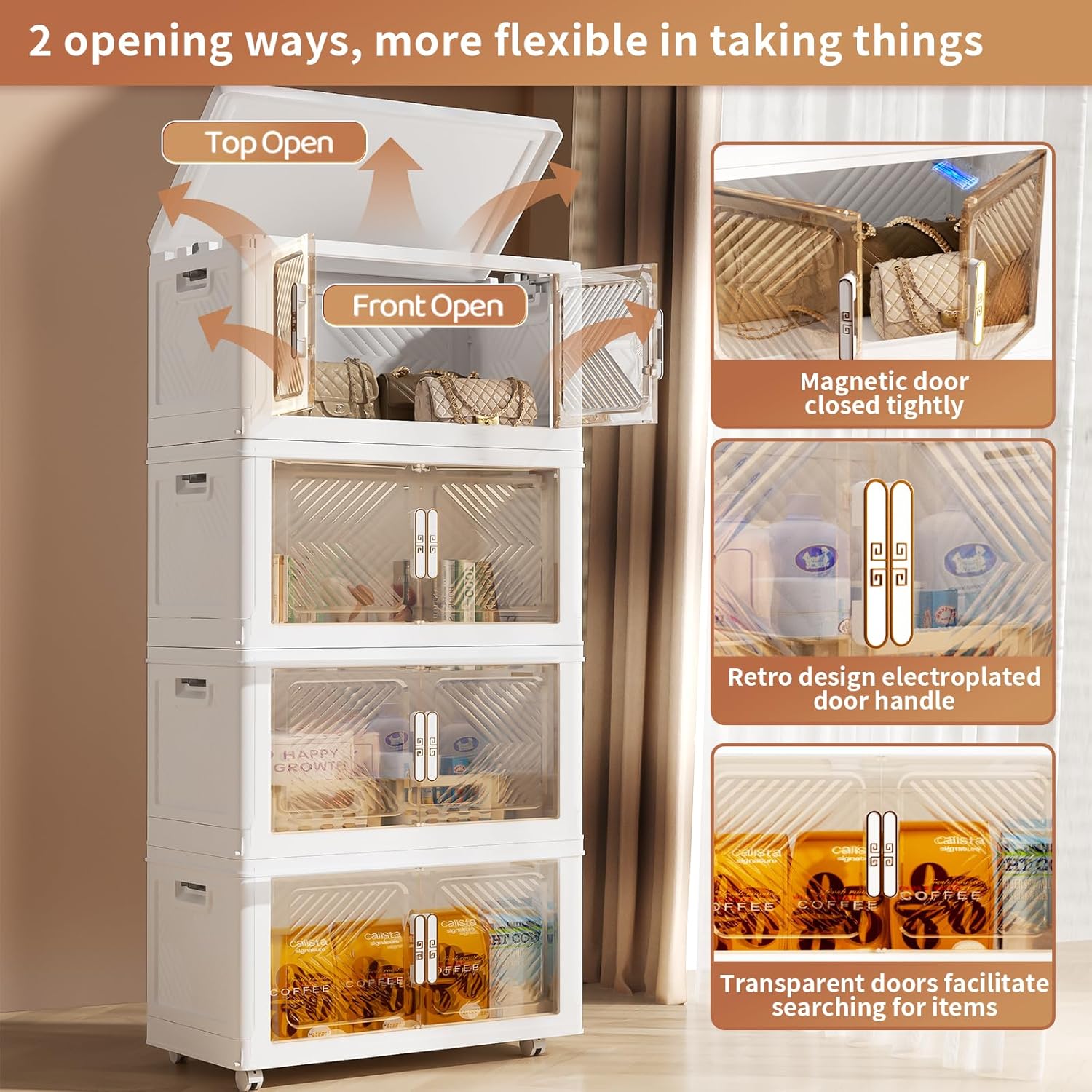 PRVAETU Storage Bins Storage Containers with Wheels and Magnetic Doors, Plastic Clothes Closet Organizers and Storage Box for Home and Office