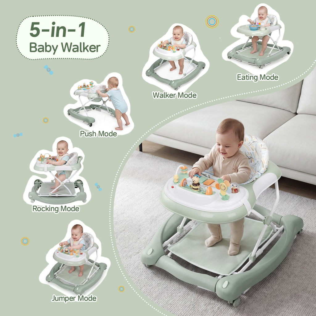 PRVAETU 5 in 1 Baby Walker,Jumper,Rocking,Push,Eating Mode for Boys Girls,Foldable,Music & Light,Height Adjustable,Wheel for Infant