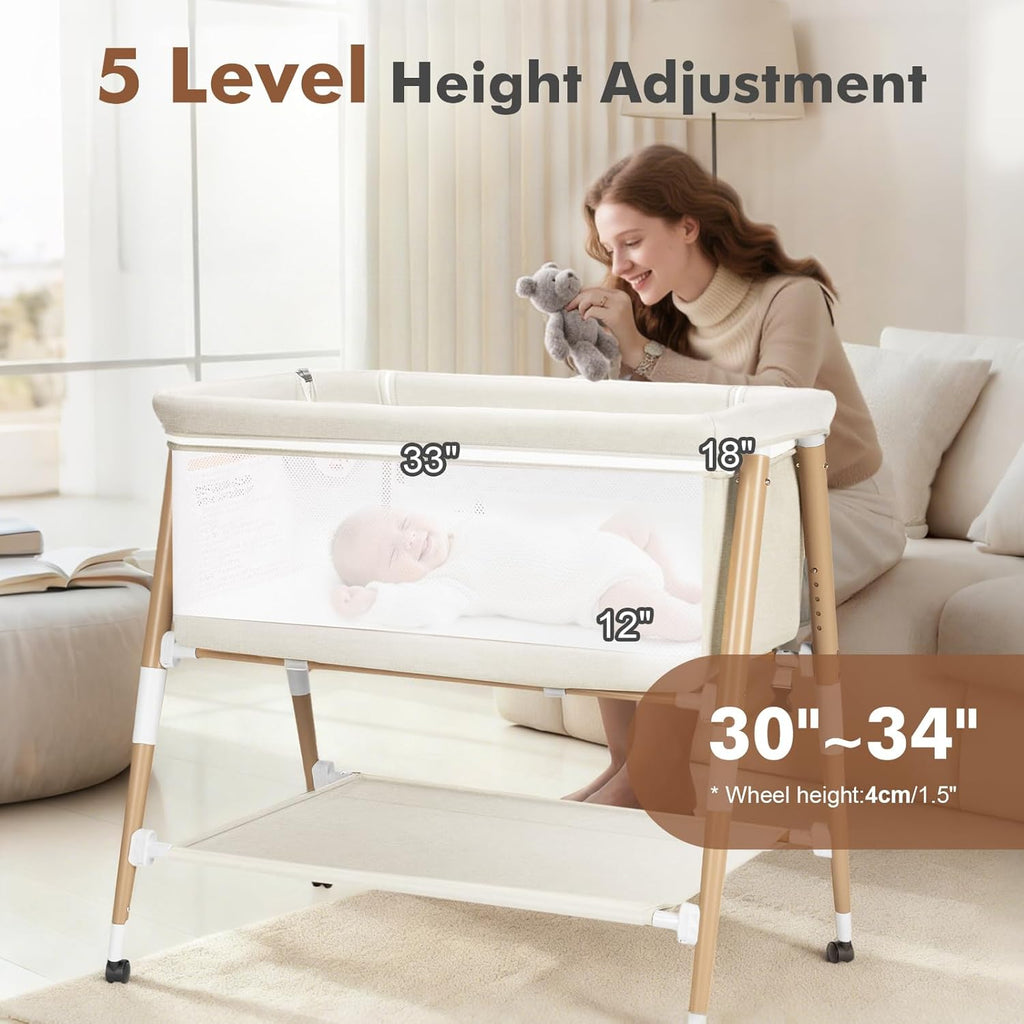 PRVAETU 3 in 1 Bassinet Bedside Sleeper for Baby,Infant Bassinet W/ Music Toy,4 Wheels,Adjustable 5 Height,Mattress,Mosquito Net,Basket,Carry Bag
