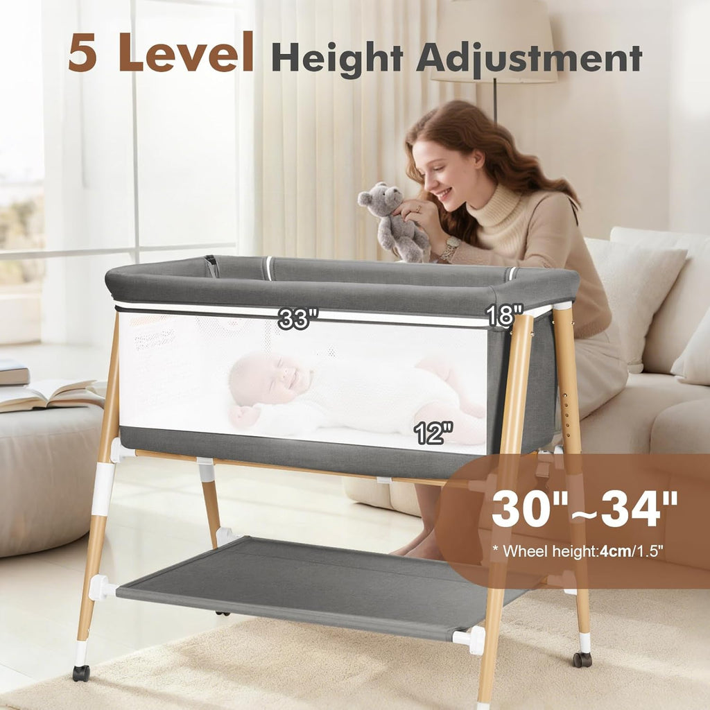 PRVAETU 3 in 1 Bassinet Bedside Sleeper for Baby,Infant Bassinet W/ Music Toy,4 Wheels,Adjustable 5 Height,Mattress,Mosquito Net,Basket,Carry Bag