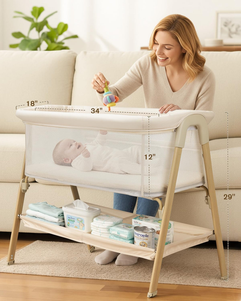 PRVAETU Baby Bassinet, Bedside Bassinet for Baby, Bassinet Bedside Sleeper with Mattress, Storage Basket and 4 Auto-Lock Wheels, Full-Mesh Sides, Bedside Crib for Newborn