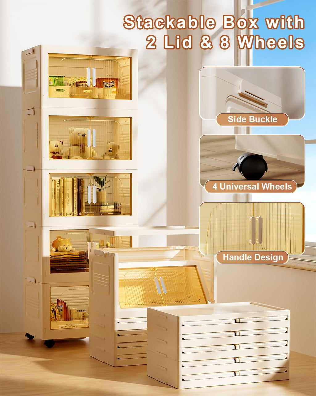 PRVAETU Stackable Storage Bins with Lids, Storage Containers W/ Wheels,Collapsible Plastic Closet Organizers for Home, Office,Dorm