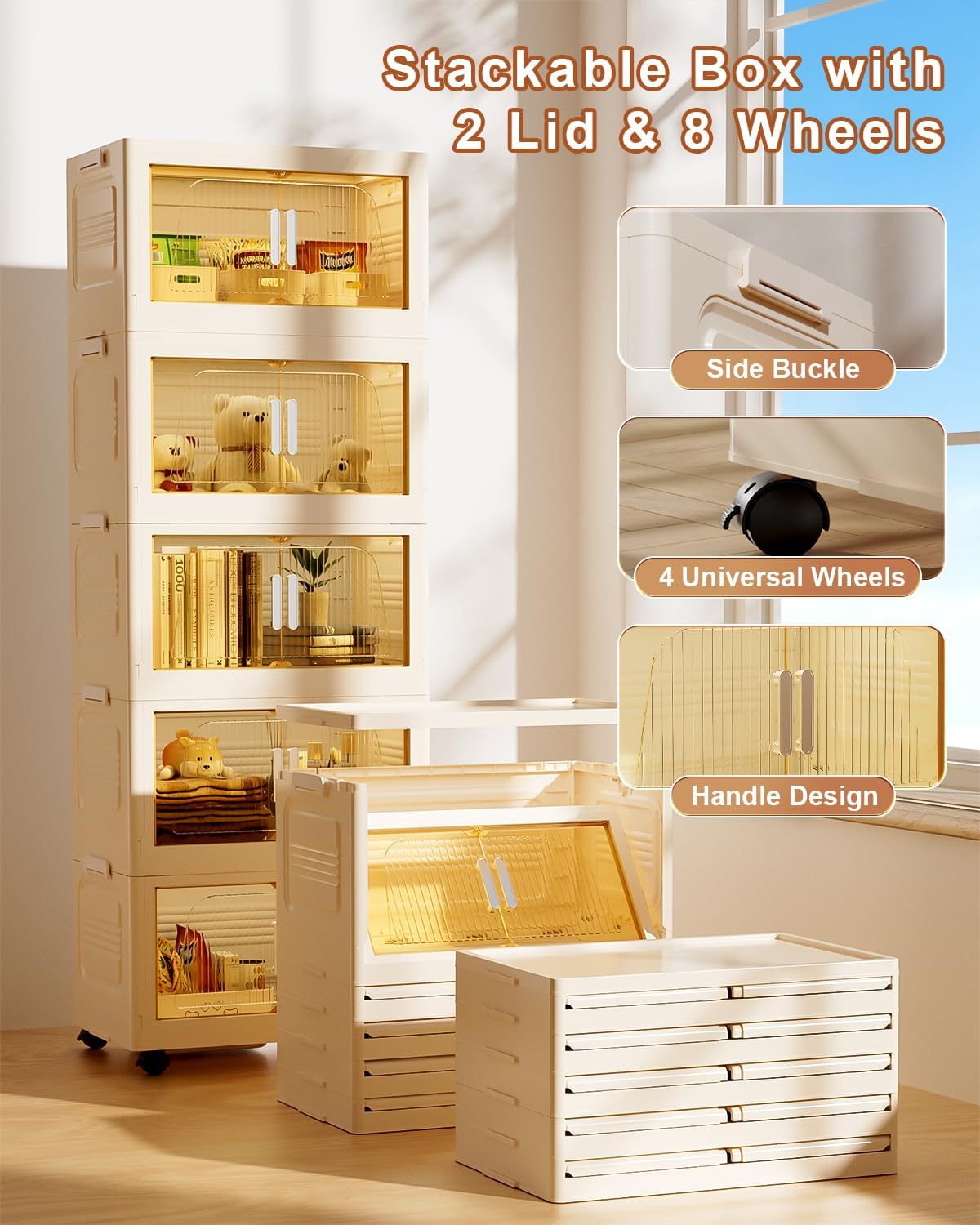 PRVAETU Stackable Storage Bins with Lids, Storage Containers W/ Wheels,Collapsible Plastic Closet Organizers for Home, Office,Dorm