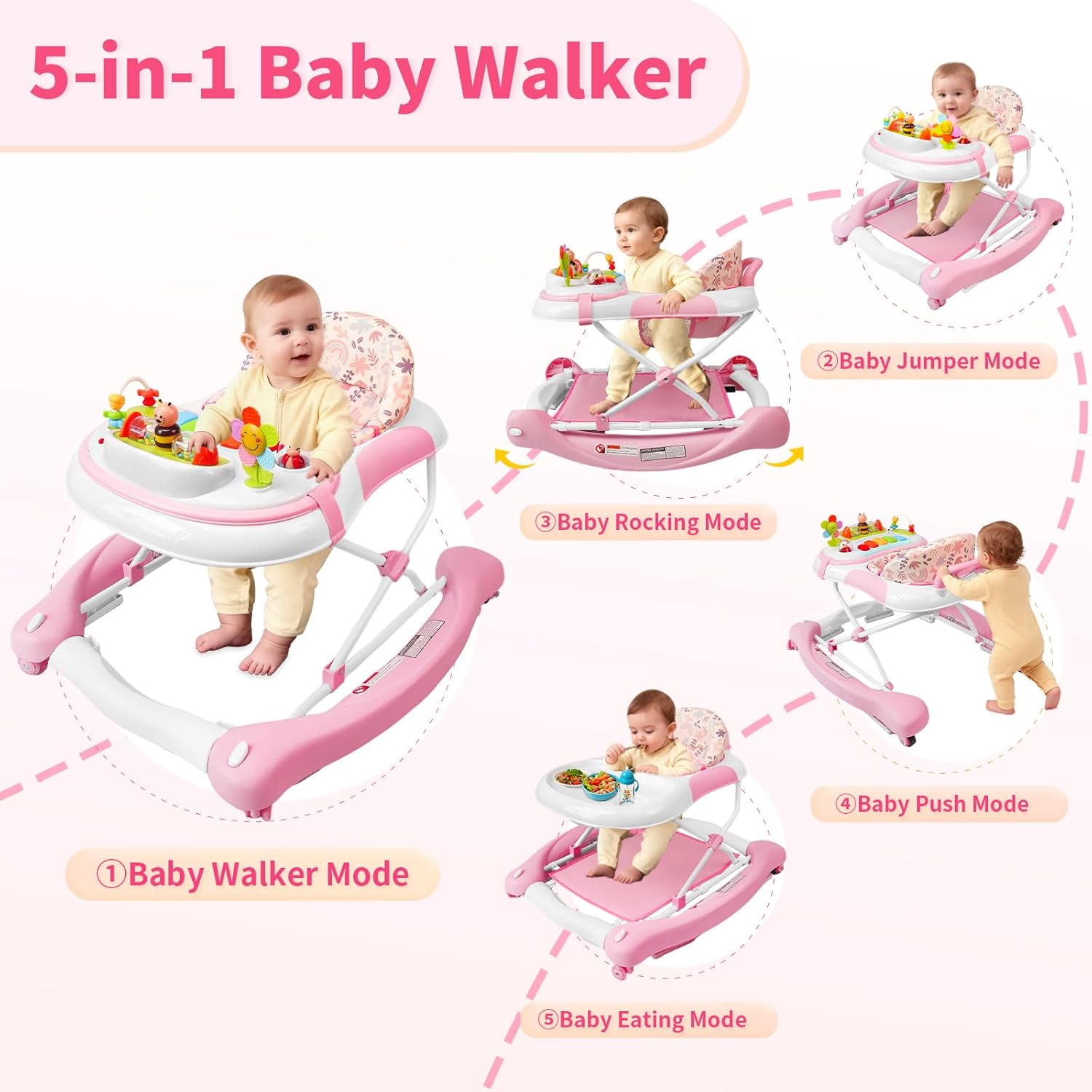 PRVAETU 5 in 1 Baby Walker (Walk,Jumper,Rocking,Push,Eating Mode) for Boys Girls,Foldable,Music & Light,Height Adjustable,Wheels for Infant Babies