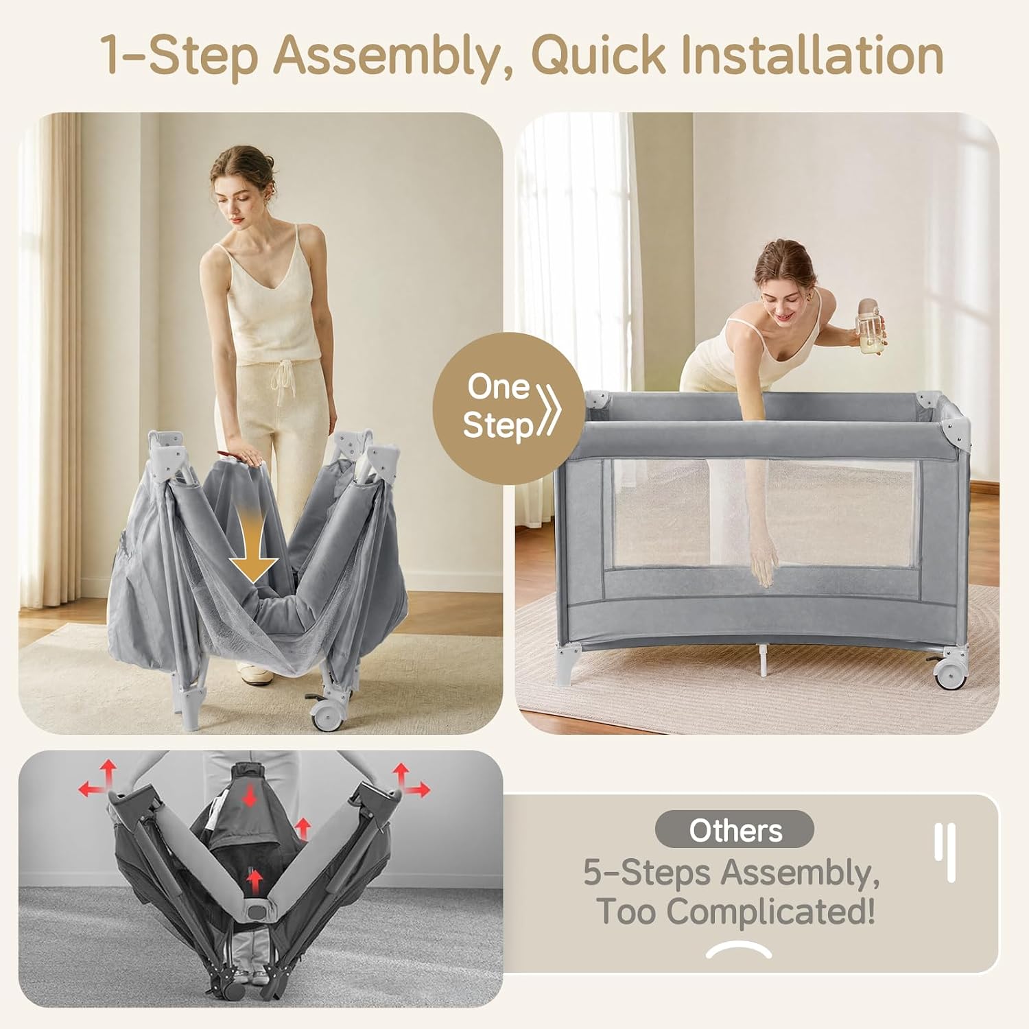 PRVAETU 4 in 1 Baby Bassinet for Baby, Bedside Bassinet & Crib Sleeper with Wheels, Diaper Changer, Mattress, Foldable Design for Newborn to Toddler