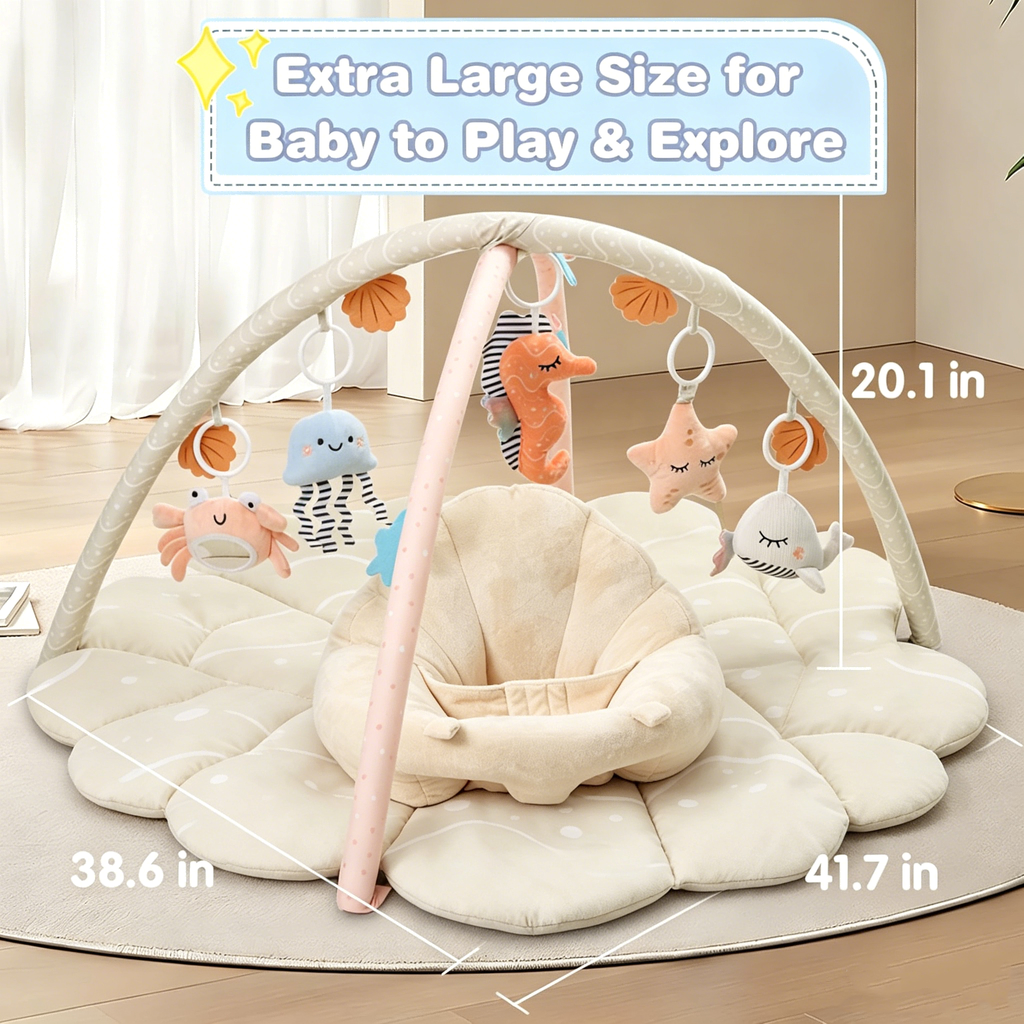 PRVAETU Baby Gym Playmat,Tummy Time Mat,Sit &amp;Play Activity Mat with 6 Detachable Toys,Washable Baby Mat &amp; Toys,Baby Gift for 0-18 Months