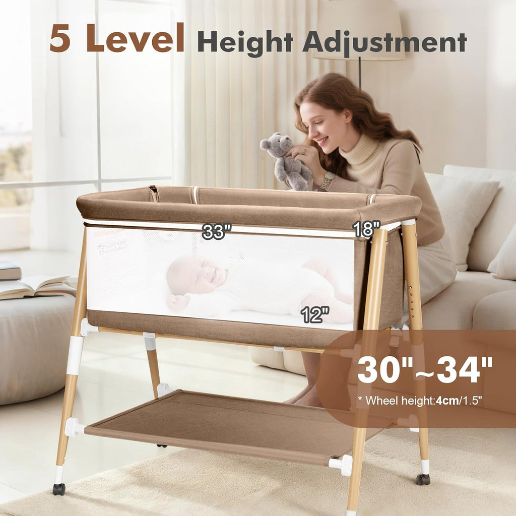 PRVAETU 3 in 1 Bassinet Bedside Sleeper for Baby,Infant Bassinet W/ Music Toy,4 Wheels,Adjustable 5 Height,Mattress,Mosquito Net,Basket,Carry Bag
