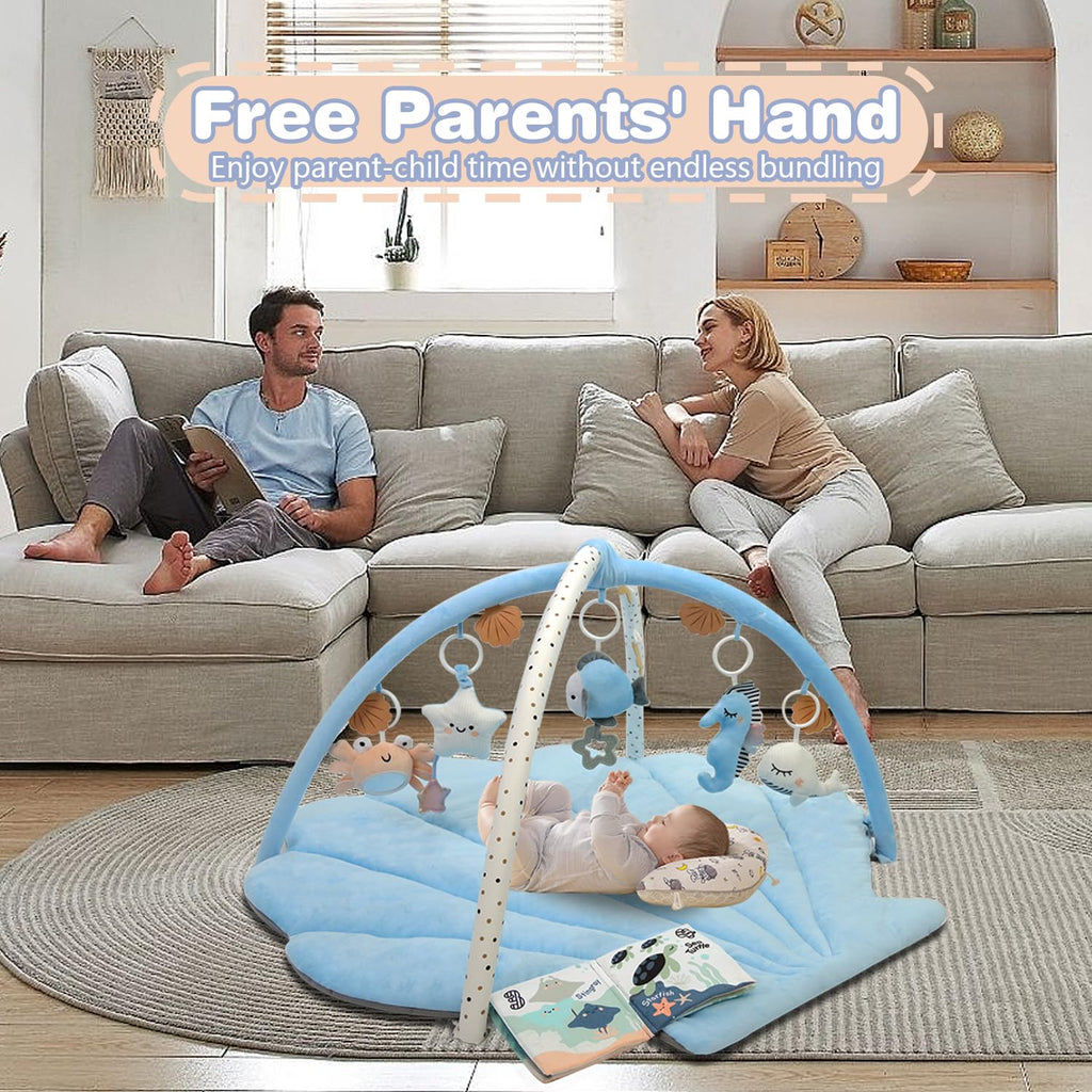 PRVAETU Baby Play Gym Mat, Oversize Tummy Time Activity Mat with 6 Detachable Toys for Infant 0-12 Months Sensory Exploration Skill Development