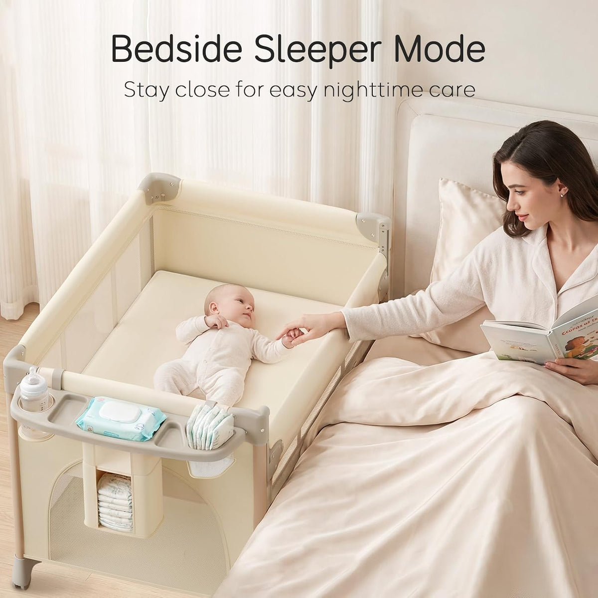 PRVAETU 4 in 1 Baby Playard with Changing Table & Mattress & 4 Movable Wheels & Toy Bar & Storage Bag, Bedside Bassinet Sleeper for Newborn