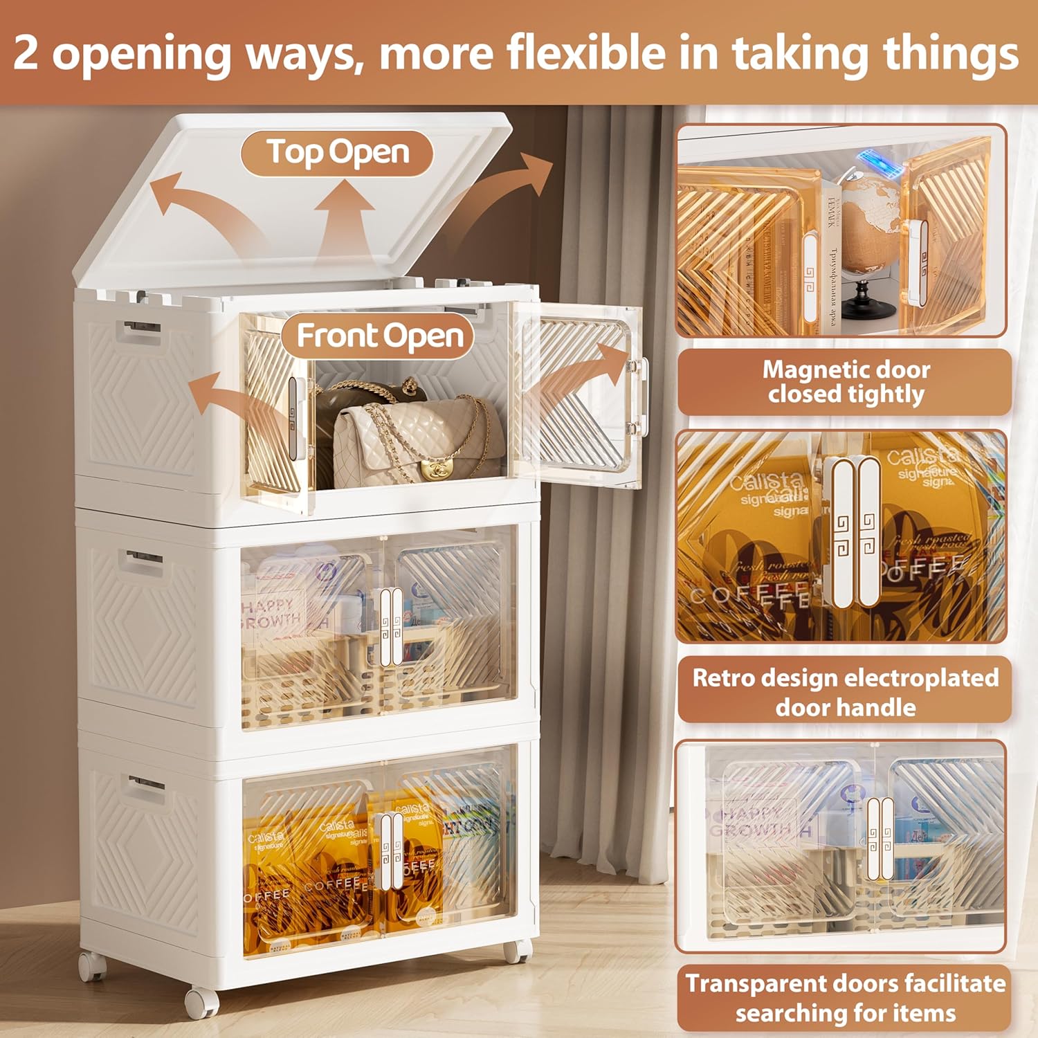 PRVAETU Storage Bins Storage Containers with Wheels and Magnetic Doors, Plastic Clothes Closet Organizers and Storage Box for Home and Office