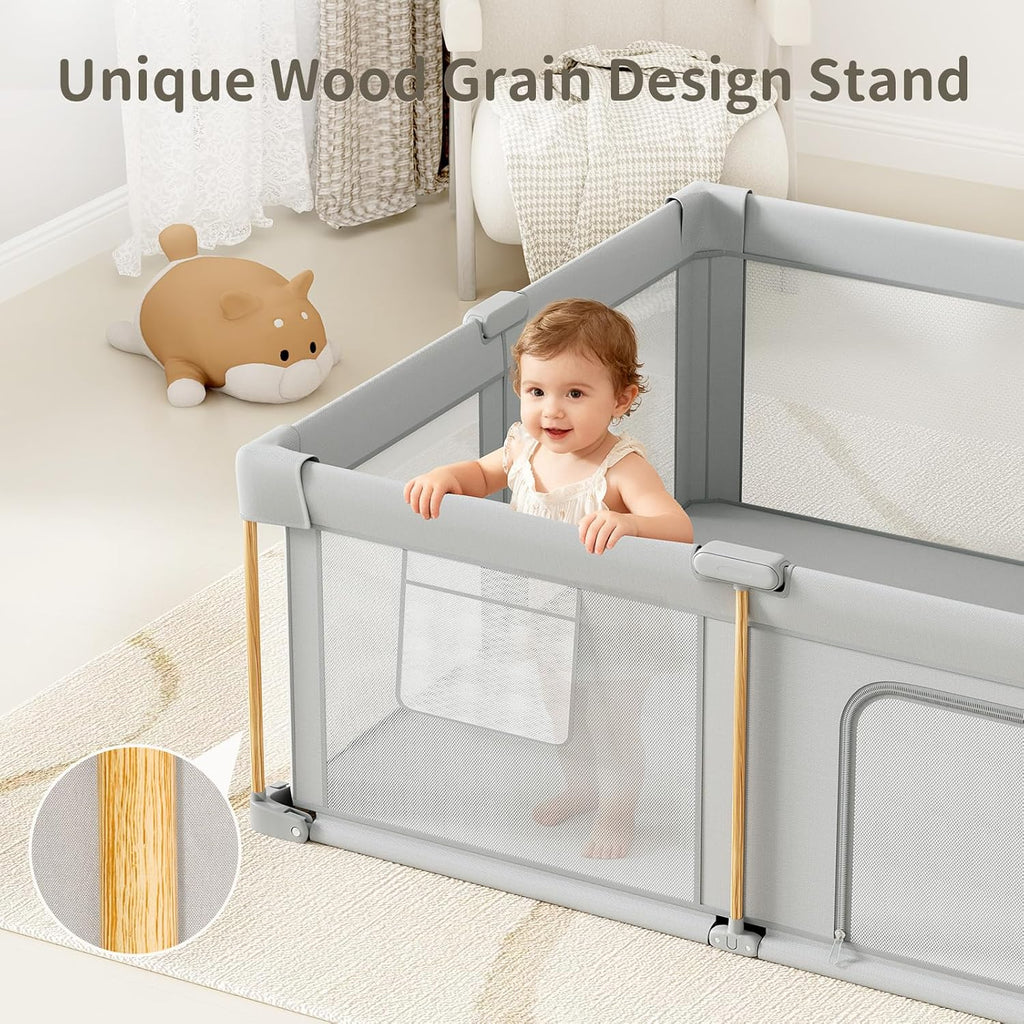 PRVAETU Foldable Baby Playpen with Mat, Play Yard Fence for Babies Boys Girls Toddlers, Large Playard W/ 300D Fabric for Infant and Kids