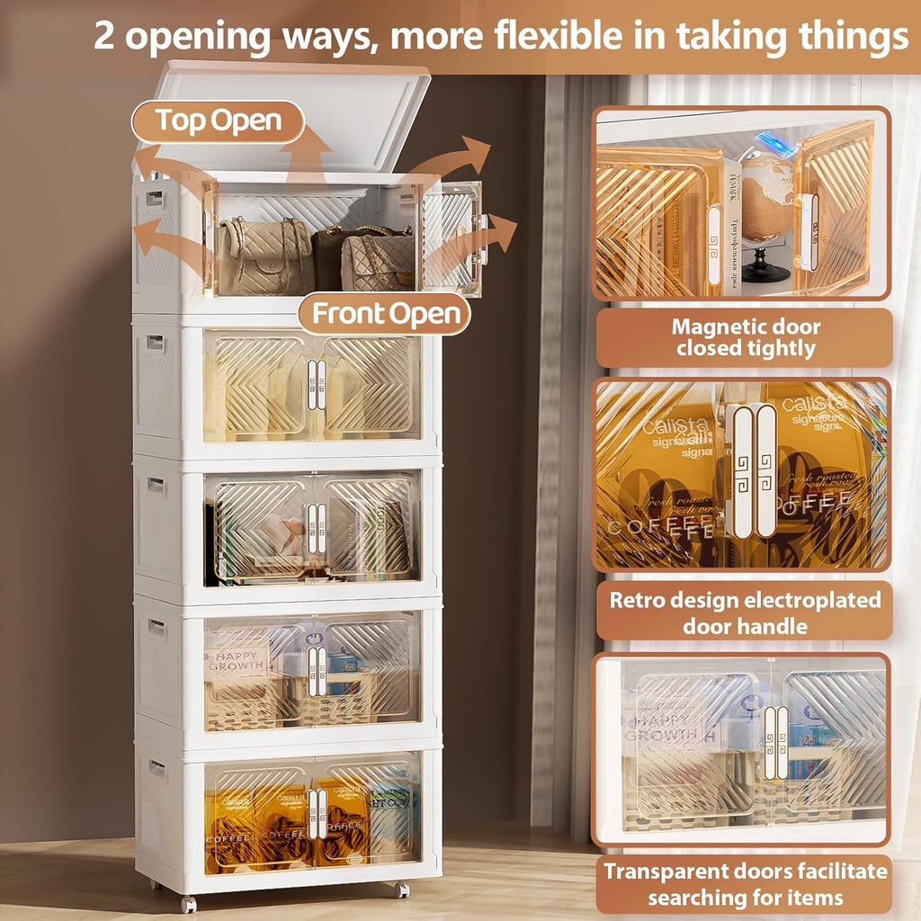 PRVAETU Storage Bins Storage Containers with Wheels and Magnetic Doors, Plastic Clothes Closet Organizers and Storage Box for Home and Office