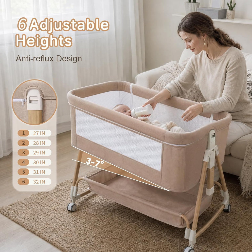 PRVAETU Baby Bassinet, 3-in-1 Baby Bassinet Bedside Sleeper with Wheels, Adjustable Easy Folding Portable Rocking Crib for Infant Newborn (Khaki)