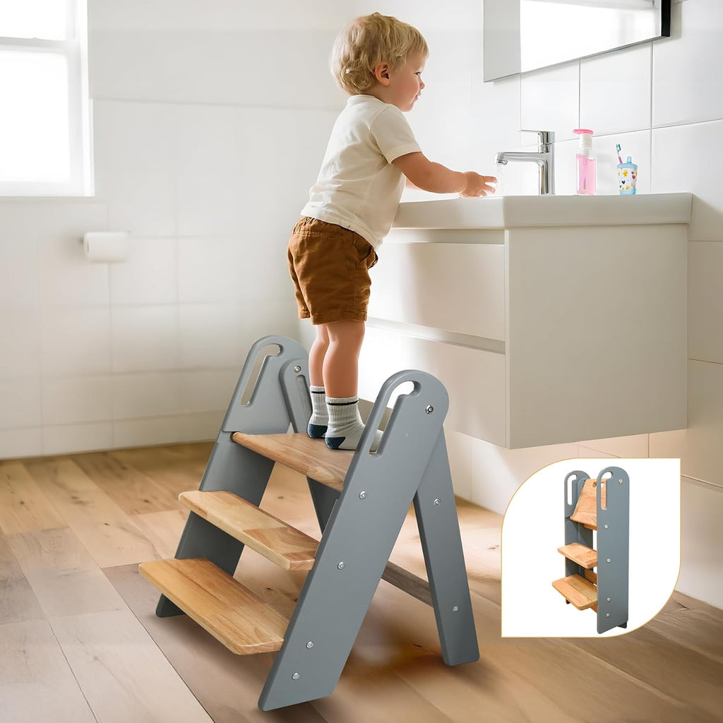 PRVAETU 3 layer Wooden Toddler Step Stool for Bathroom Sink, Foldable Kids Toilet Potty Training Stool with Handles, Child Kitchen Counter Tower Helper