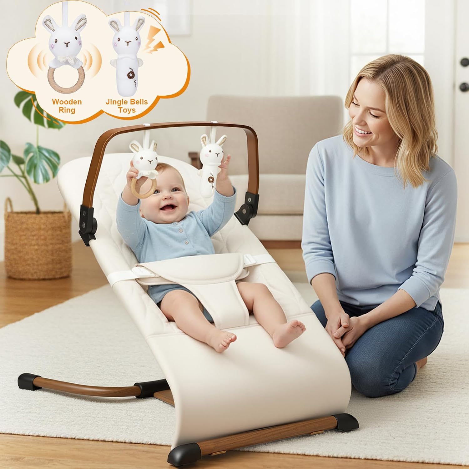 PRVAETU 3 in 1 Baby Bouncer (Sit, Play & Relax),3 Recline Positions,Foldable Baby Rocker Chair W/ Removable Wooden Bar for 0-12 Months Infant & Toddler