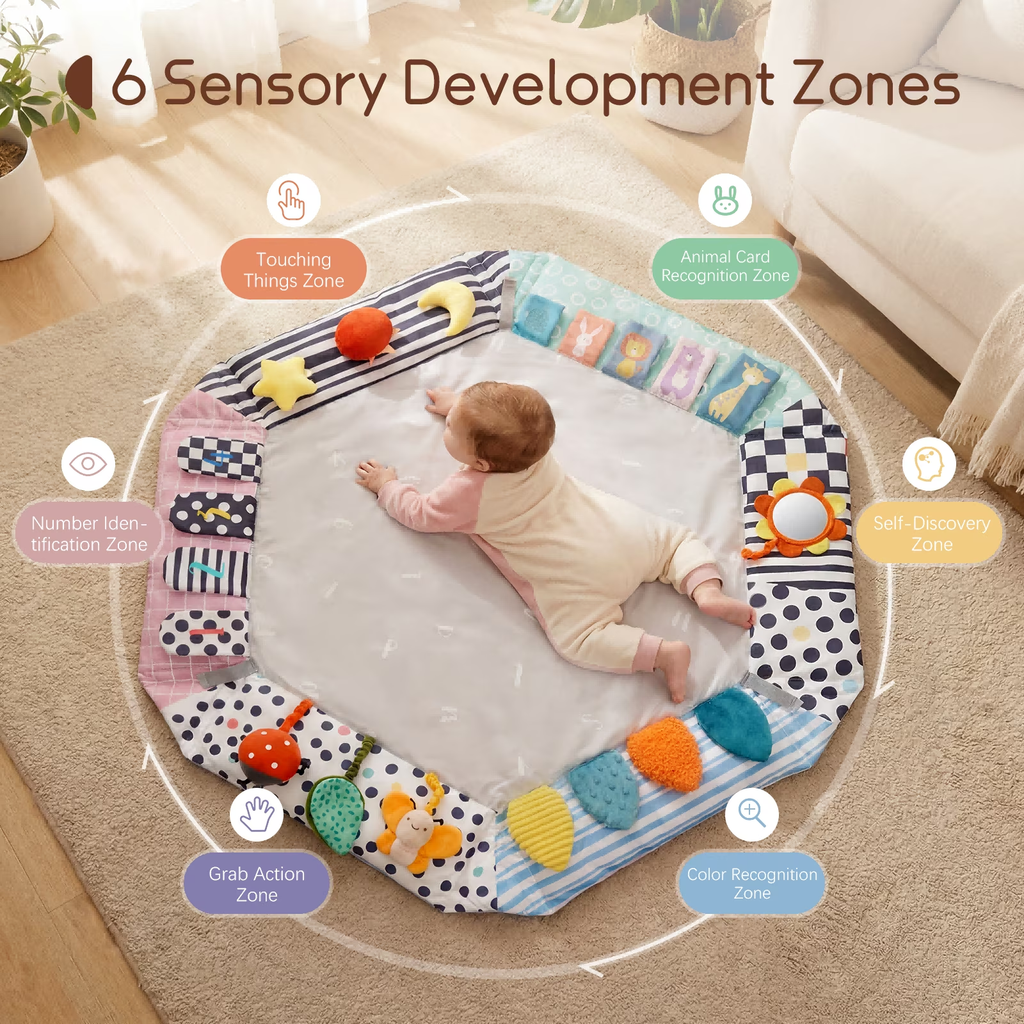 PRVAETU Baby Play Mat with Foldable Raised Edges, Wooden Gym & 6-in-1 Activity Center, Convertible Ball Pit, Sensory Playmat for Infants 6-18 Months