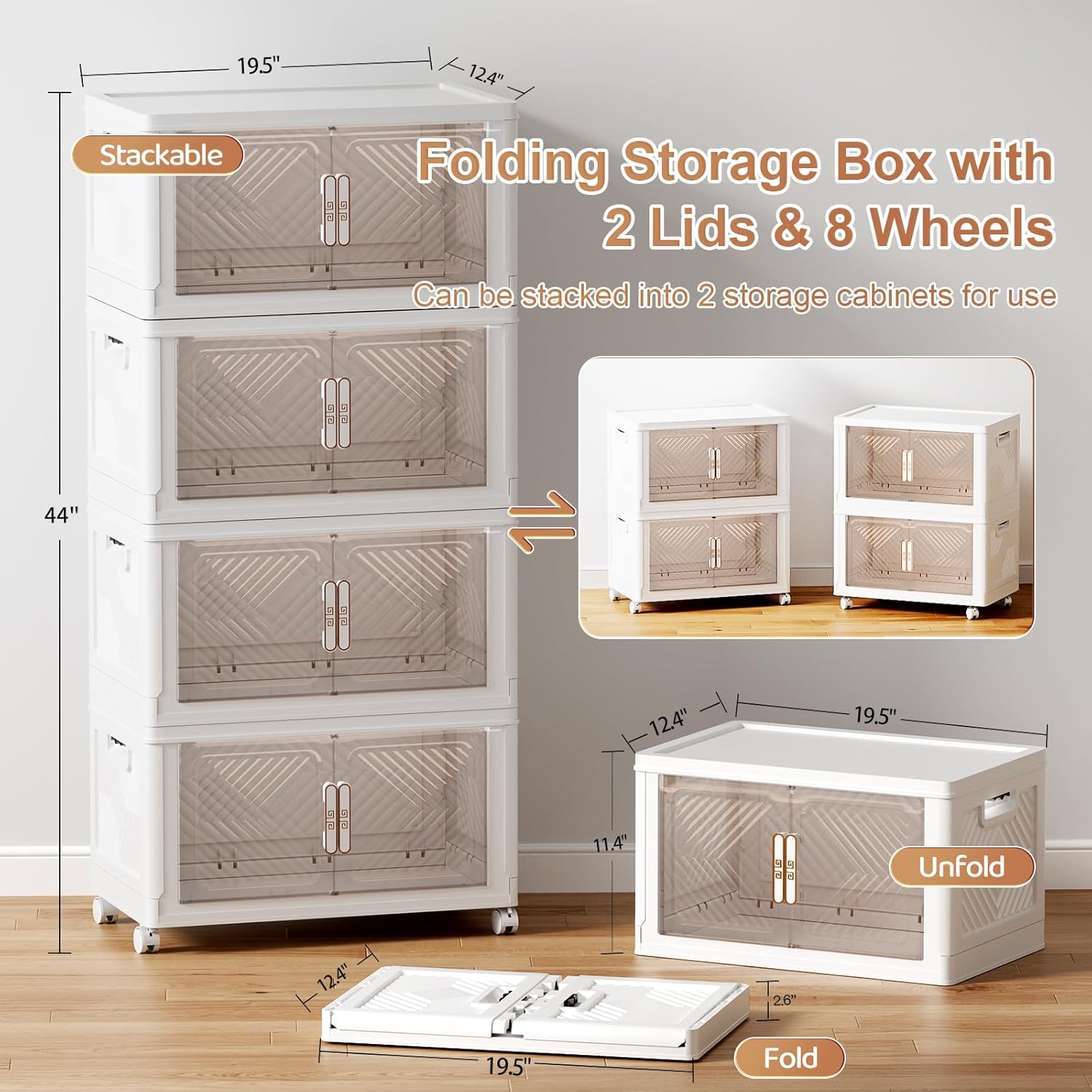 PRVAETU Storage Bins Storage Containers with Wheels and Magnetic Doors, Plastic Clothes Closet Organizers and Storage Box for Home and Office