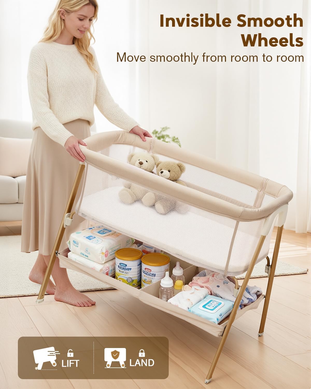 PRVAETU Baby Bassinet, Bedside Bassinet for Baby, Bassinet Bedside Sleeper with Mattress, Storage Basket and 4 Auto-Lock Wheels, Full-Mesh Sides, Bedside Crib for Newborn