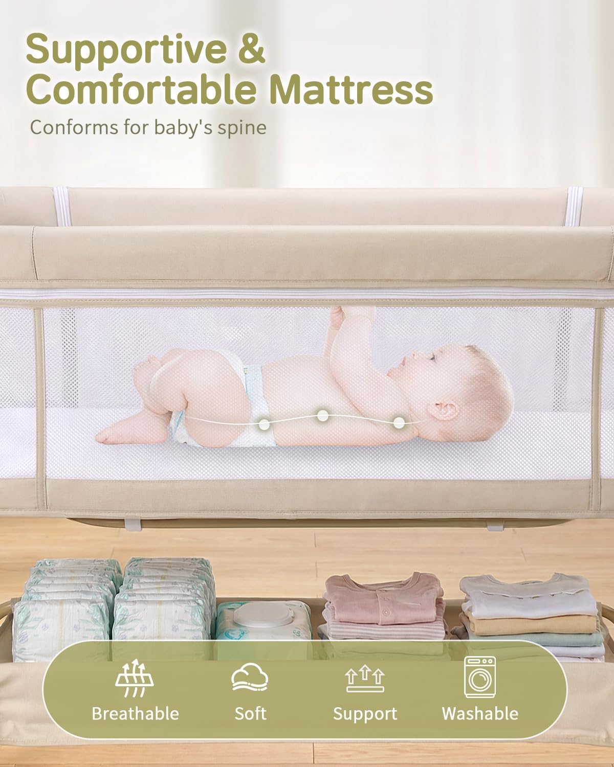 PRVAETU Baby Bassinet, 3-in-1 Baby Bassinet Bedside Sleeper with Wheels, Adjustable Easy Folding Portable Rocking Crib for Infant Newborn (Khaki)