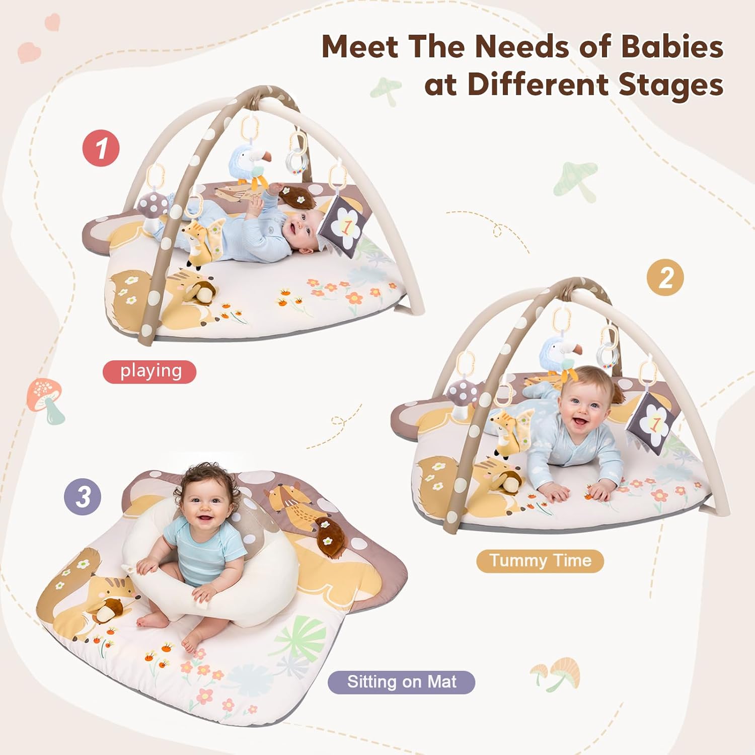 PRVAETU Baby Play Mats Tummy Time Mat for Infant Washable Padded Baby Activity Center with Detachable Toys Non-Slip Baby Gym Playmat