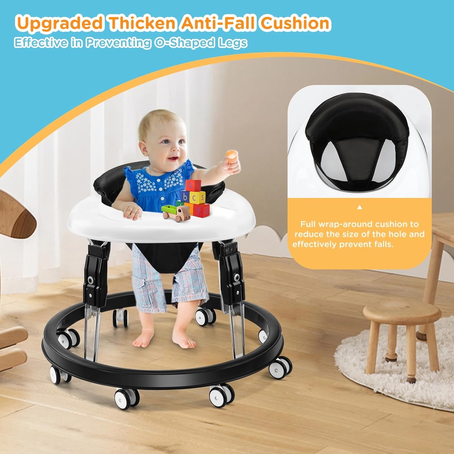 PRVAETU Foldable Baby Walker Activity Center W/ Wheels,Height Adjustable W/ Dinner Plate & Foot Pad for 6-18 Months Babies Infant Boys Girls