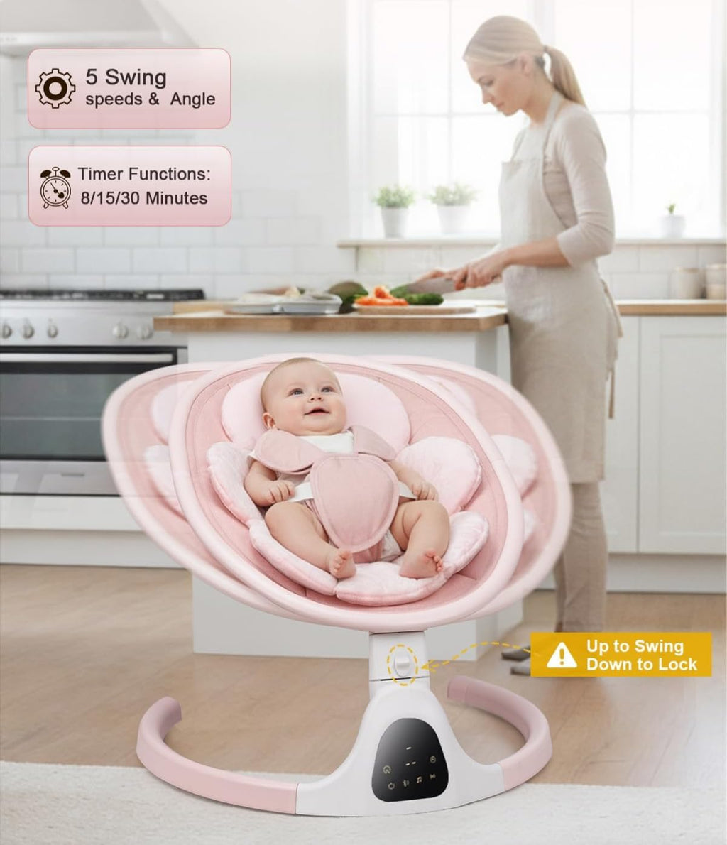 PRVAETU Baby Swing for Infants,5 Speeds,10 Lullabies,5-Point Harness,Electric Rocking Chair for Toddlers with Bluetooth,Remote Control,Touch Panel