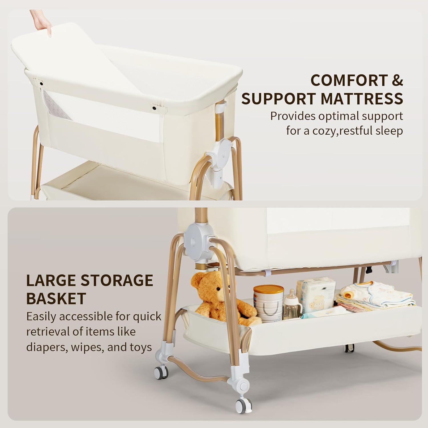 PRVAETU 4-in-1 Baby Bassinet & Bedside Sleeper for Babies, 7-Level Height Adjustable, Wheels with Storage Basket, Breathable Mesh,White