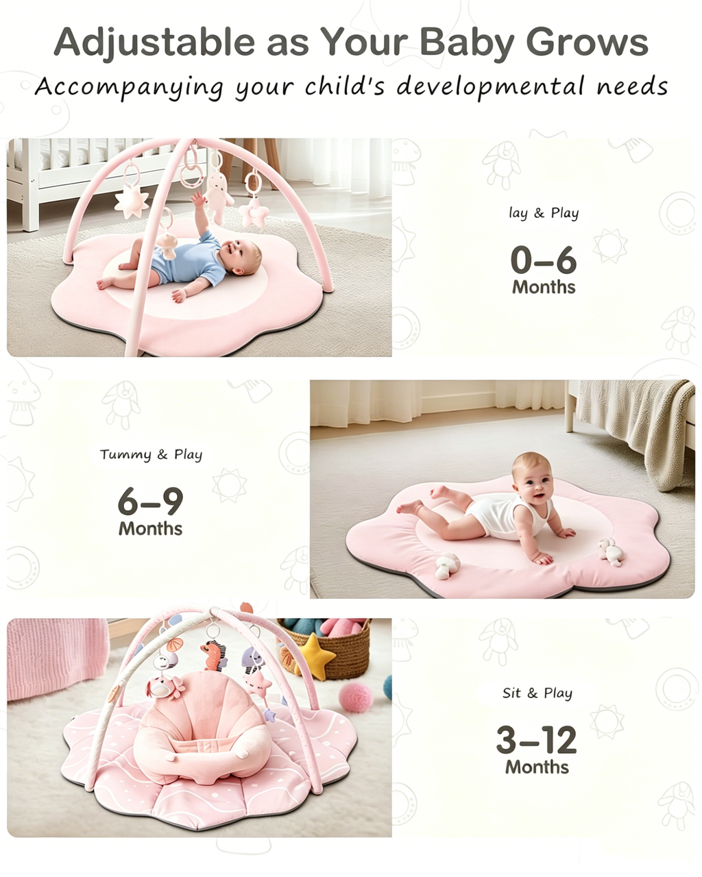 PRVAETU Baby Gym Playmat,Tummy Time Mat,Sit &amp;Play Activity Mat with 6 Detachable Toys,Washable Baby Mat &amp; Toys,Baby Gift for 0-18 Months
