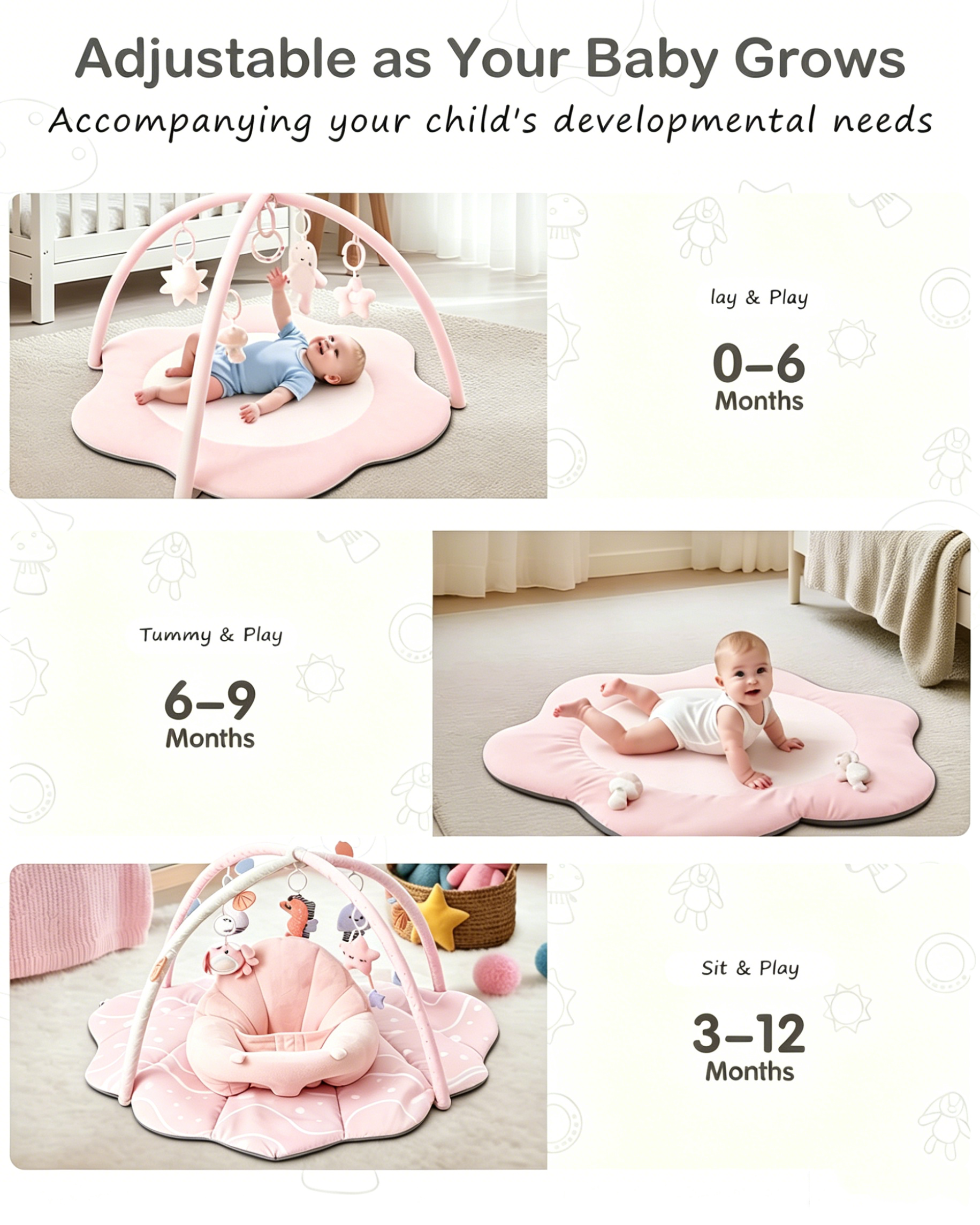 PRVAETU Baby Gym Playmat,Tummy Time Mat,Sit &amp;Play Activity Mat with 6 Detachable Toys,Washable Baby Mat &amp; Toys,Baby Gift for 0-18 Months